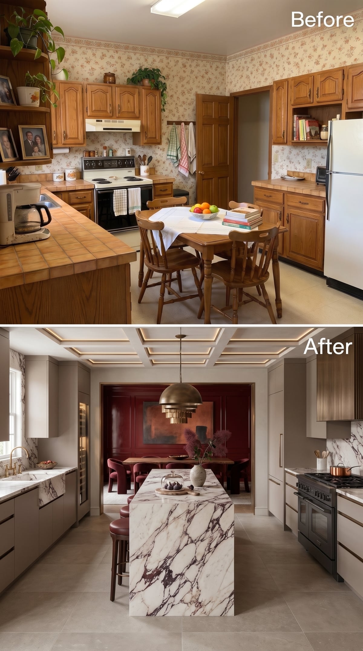 Greige kitchen with Calacatta Viola marble island, coffered ceiling, and adjoining burgundy dining room