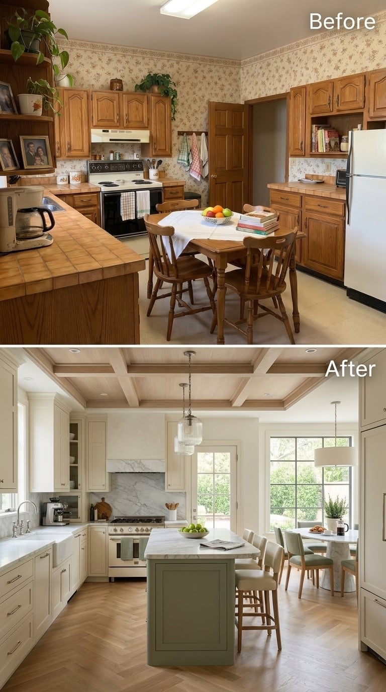 Open white kitchen with sage island, herringbone oak floors, coffered ceiling, and adjacent dining area