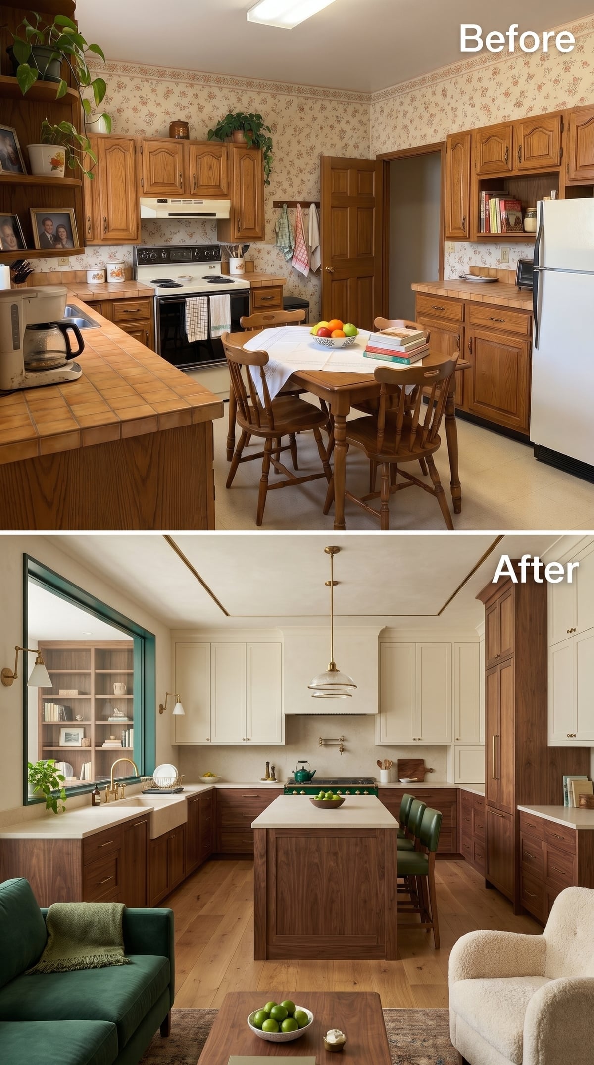 Cream and walnut kitchen with white island, green leather stools, and a teal-framed interior opening