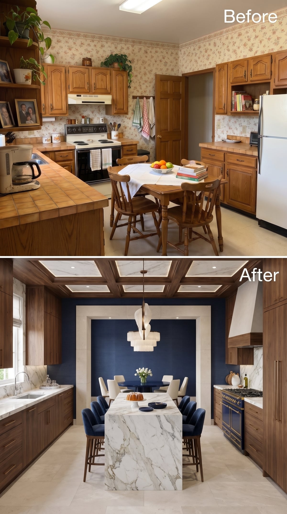 Dark walnut kitchen with marble waterfall island, navy dining wall, blue range, and coffered ceiling