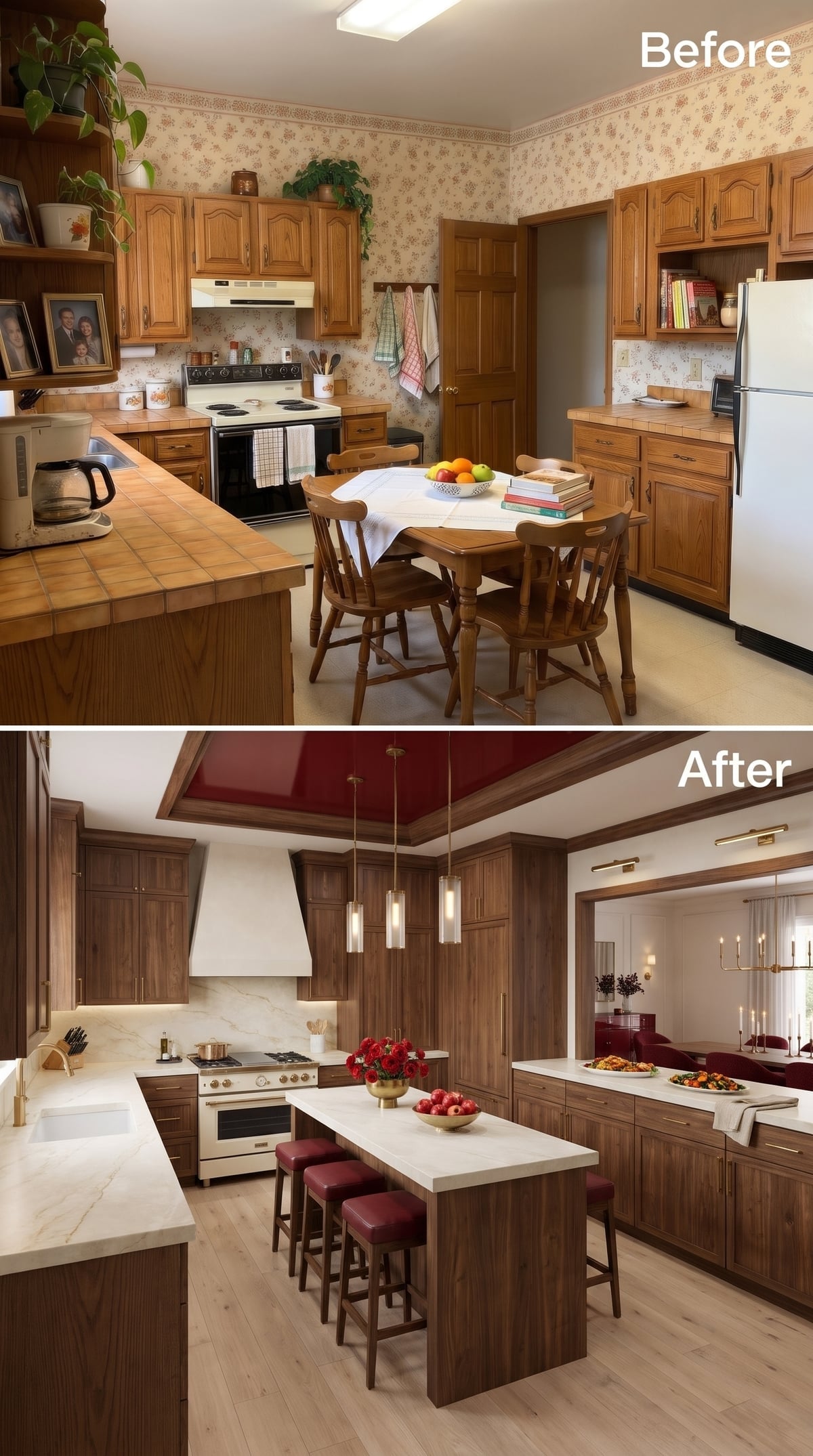 Open kitchen with dark walnut cabinets, crimson ceiling detail, marble island, and burgundy seating