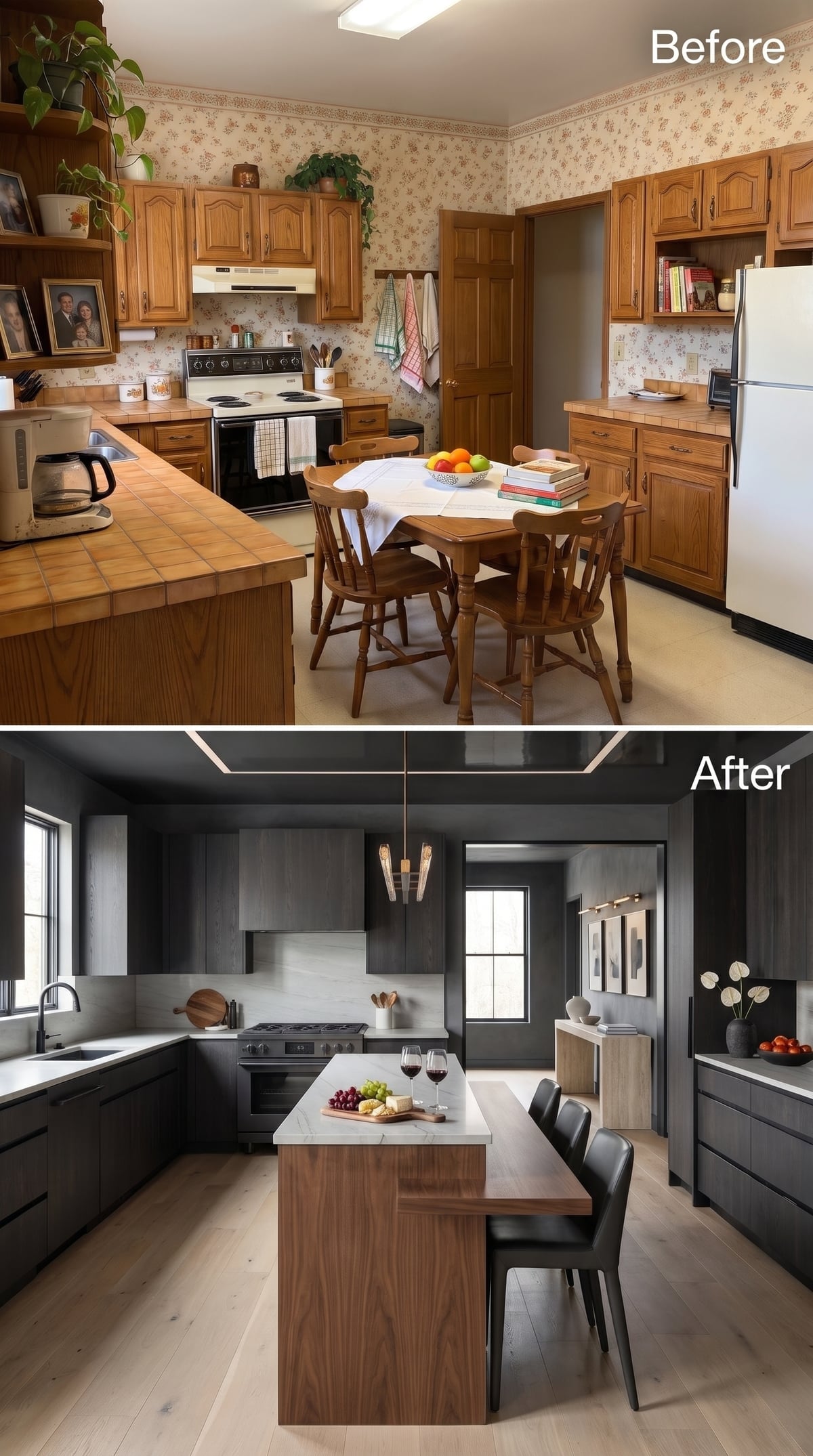 Graphite kitchen with walnut island base, white marble countertop, and sculptural pendant lighting
