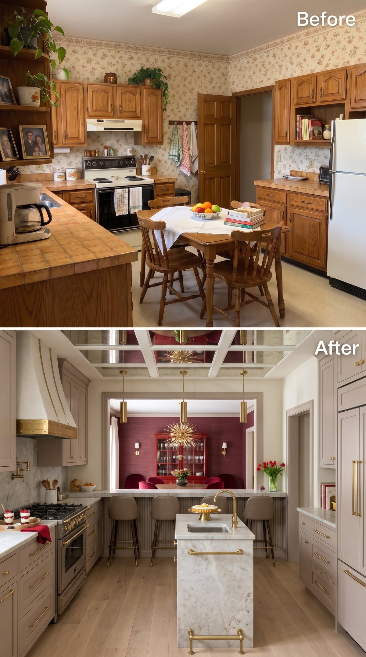 Greige kitchen with marble island and a wall pass-through overlooking a crimson dining room