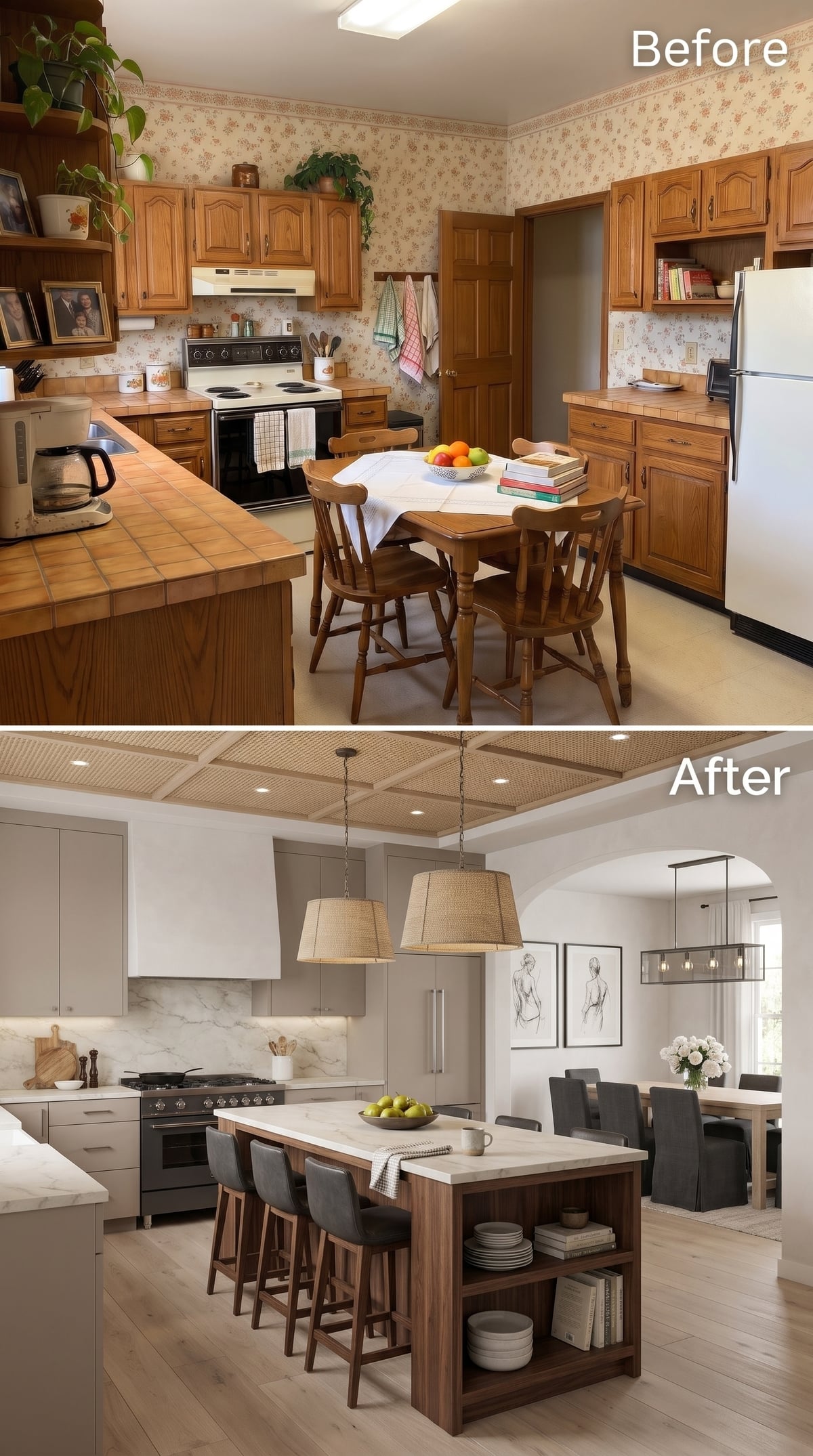 Greige kitchen with walnut island base, rattan pendants, and an arched opening to a dining room