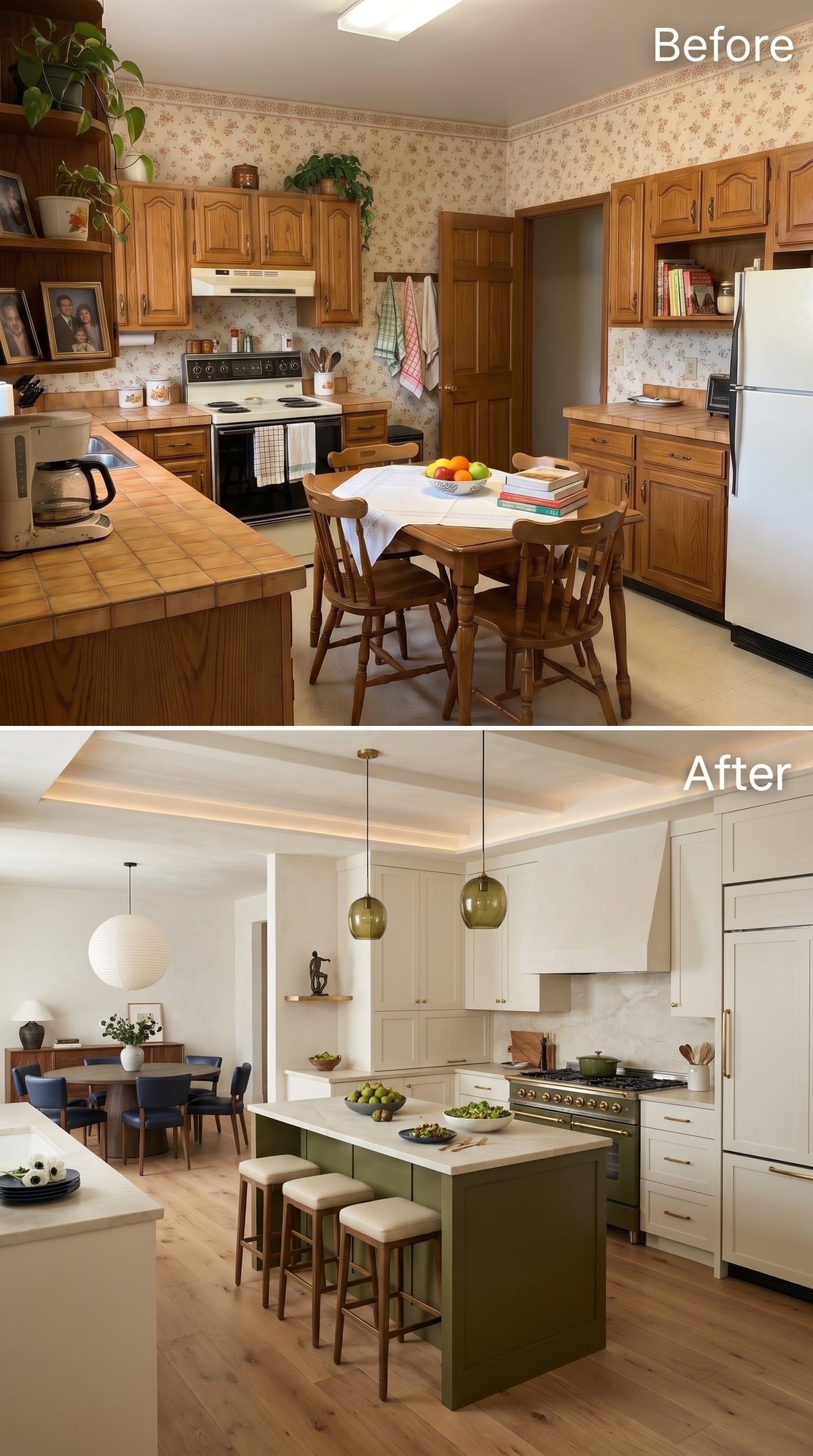 Ivory shaker kitchen with olive green island, brass hardware, and four upholstered counter stools