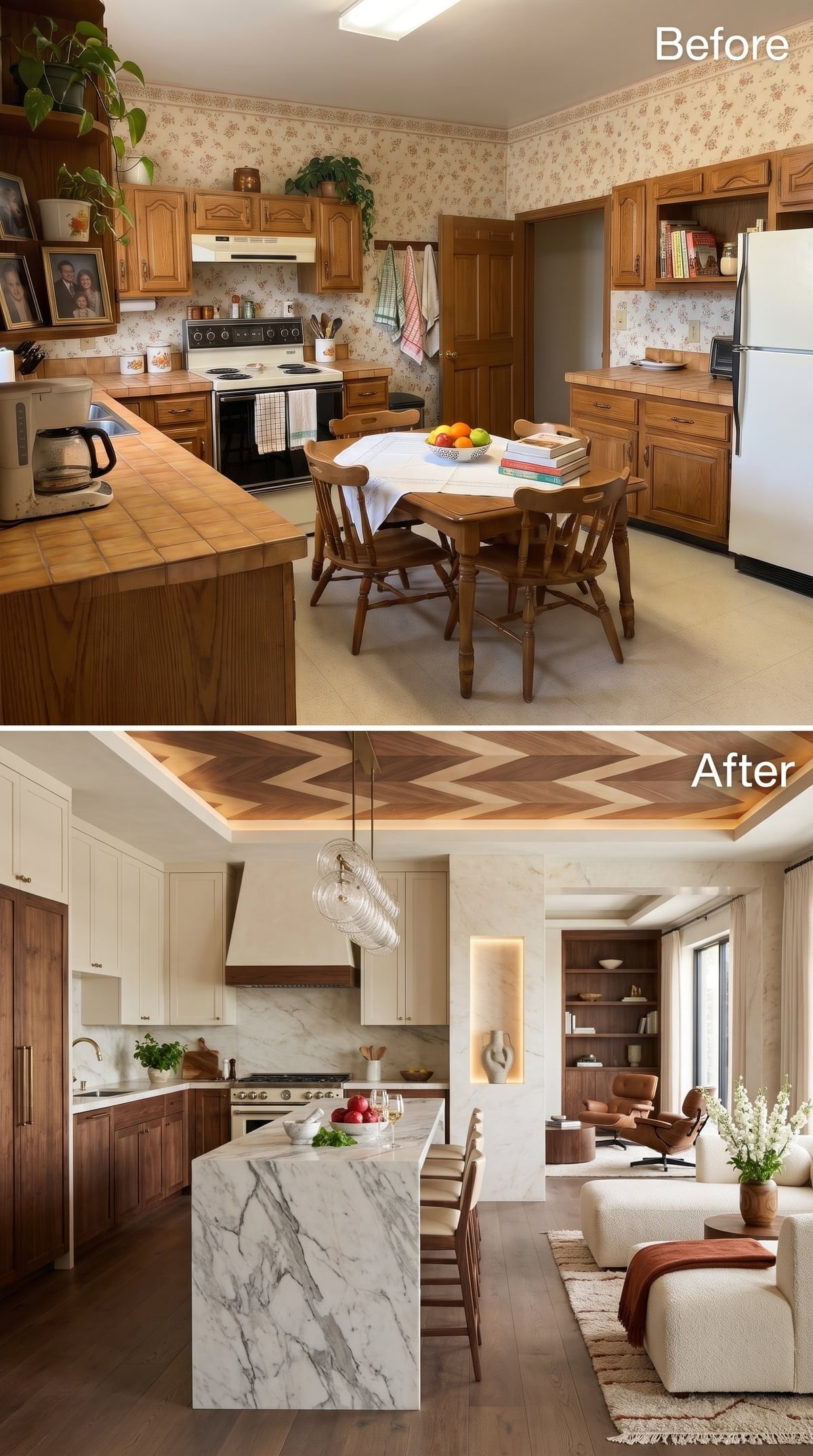 Ivory and walnut kitchen with marble island, chevron-patterned wood ceiling, and connected living area