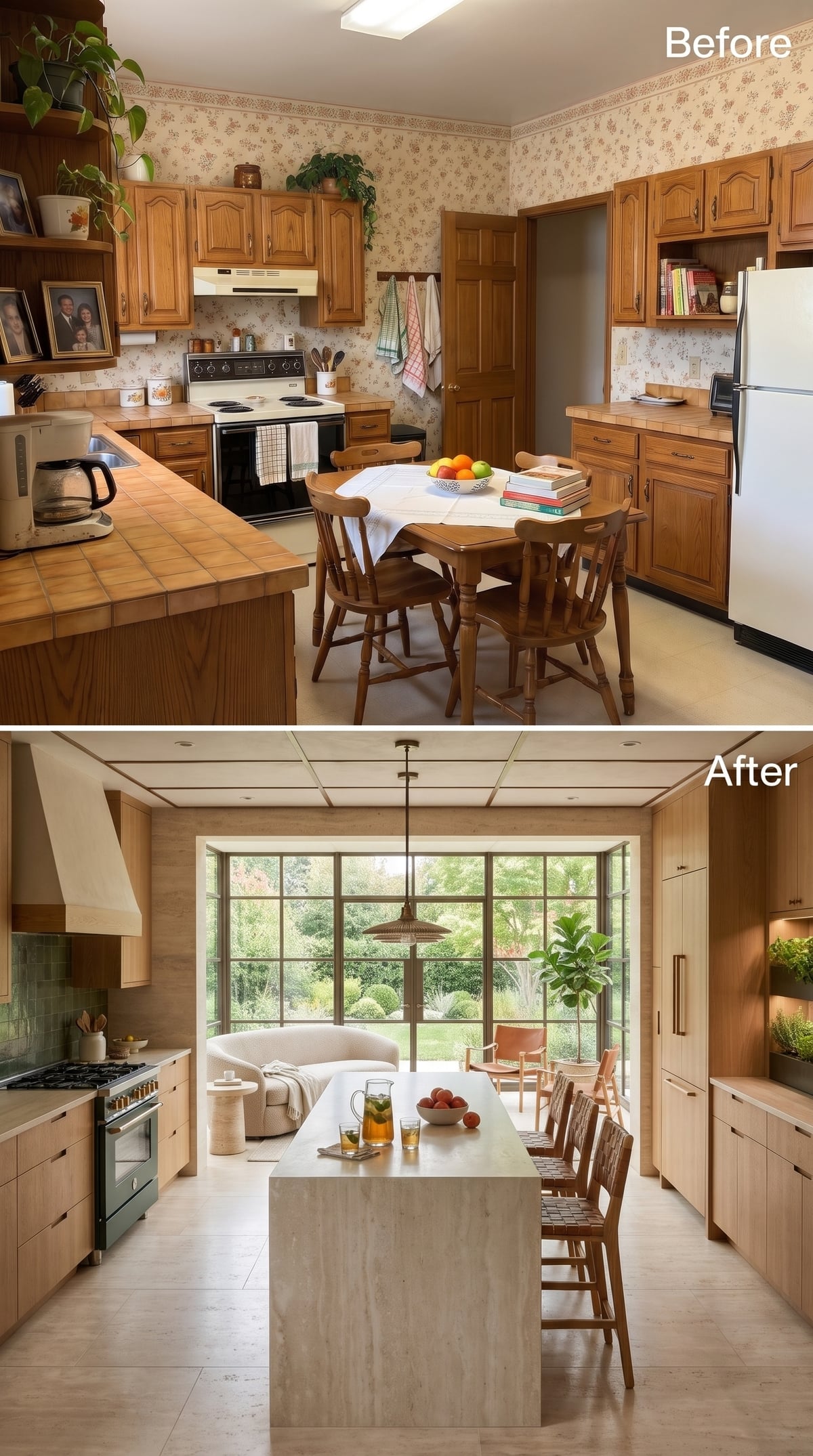 Contemporary light oak kitchen with travertine island and large steel-framed garden-facing windows
