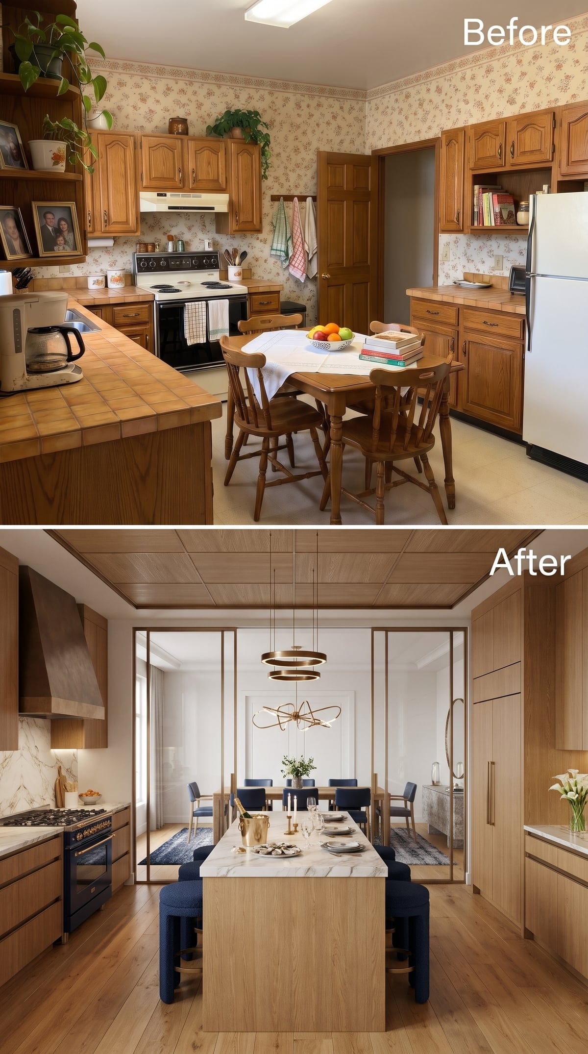 Light wood kitchen with marble waterfall island and brass-framed glass partition opening toward dining room