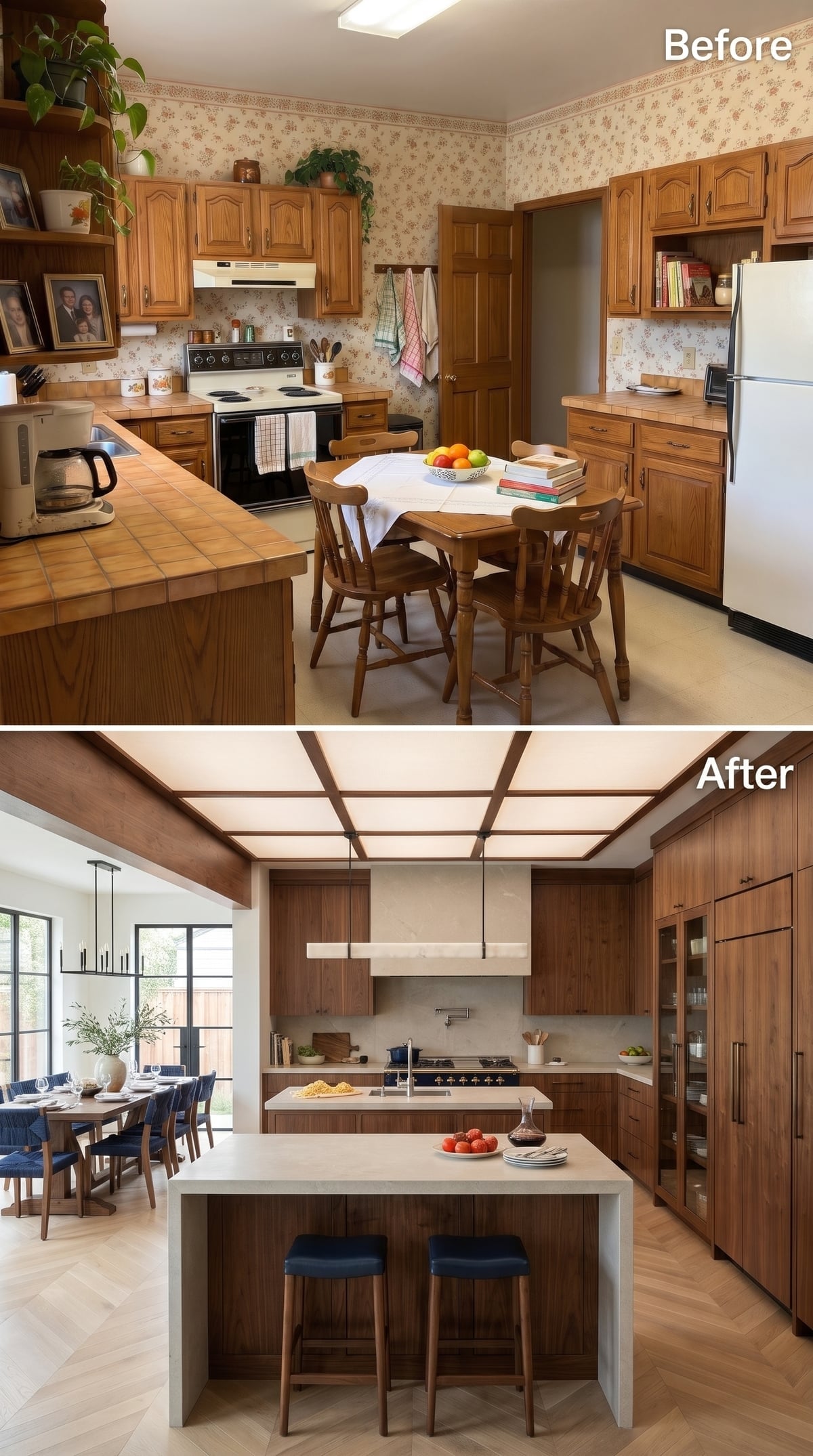 Walnut kitchen with luminous backlit ceiling panels, white stone island, and adjoining dining area