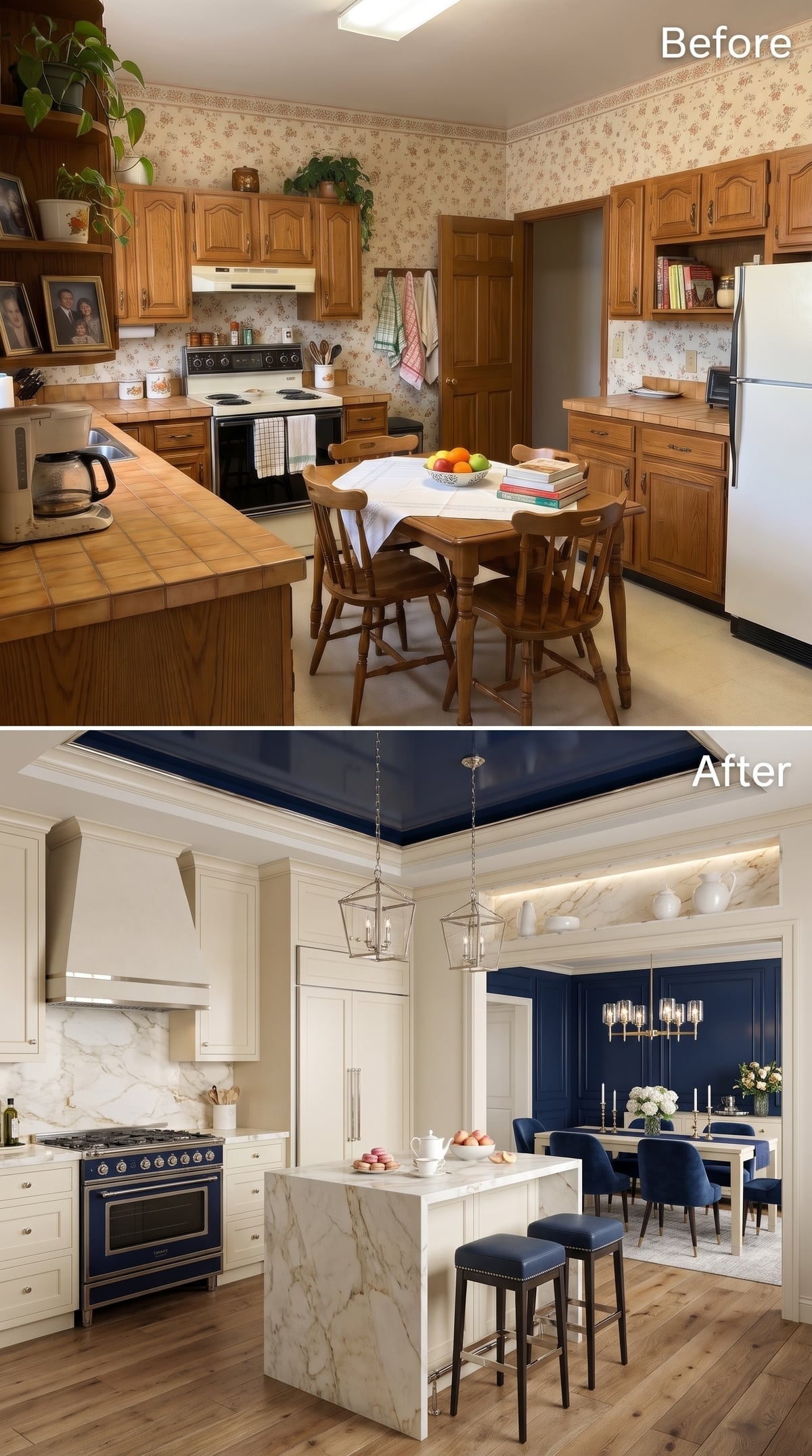 Cream kitchen with navy range, Calacatta marble island, and connected dining room with navy paneled wall