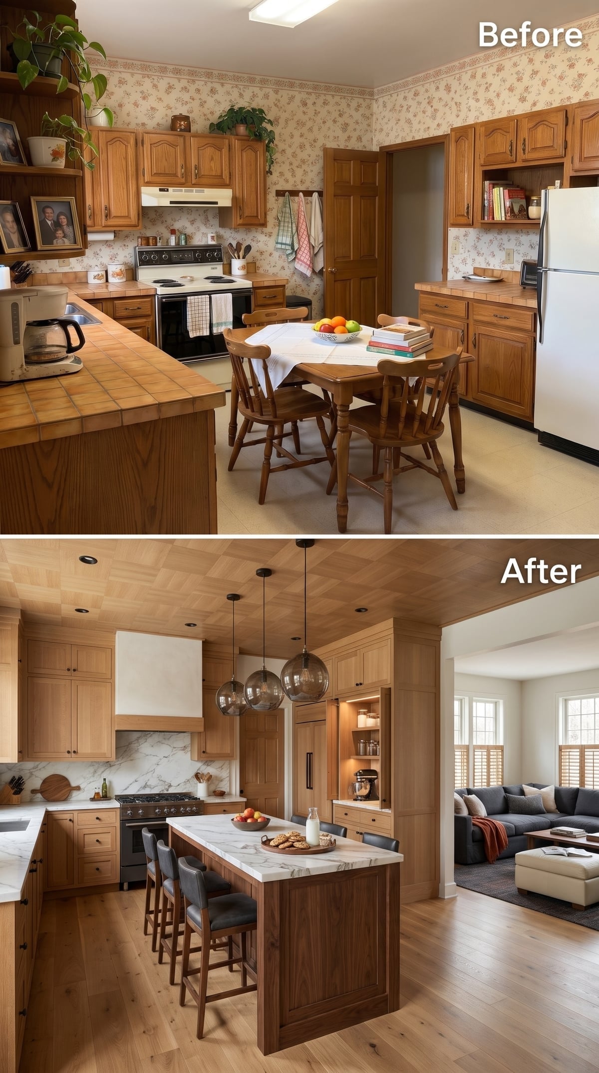 Natural oak kitchen with marble island and open view into a daylight-filled living room