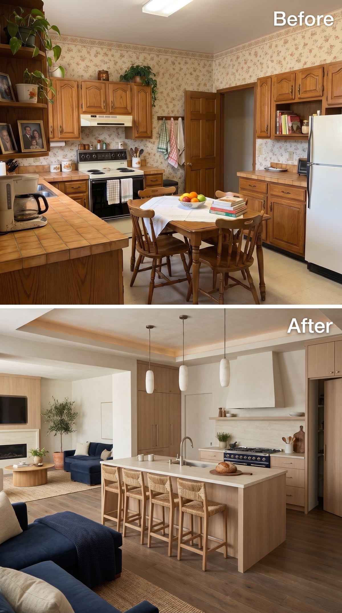 Pale oak kitchen with white stone island, woven rattan stools, and open view toward navy living room seating