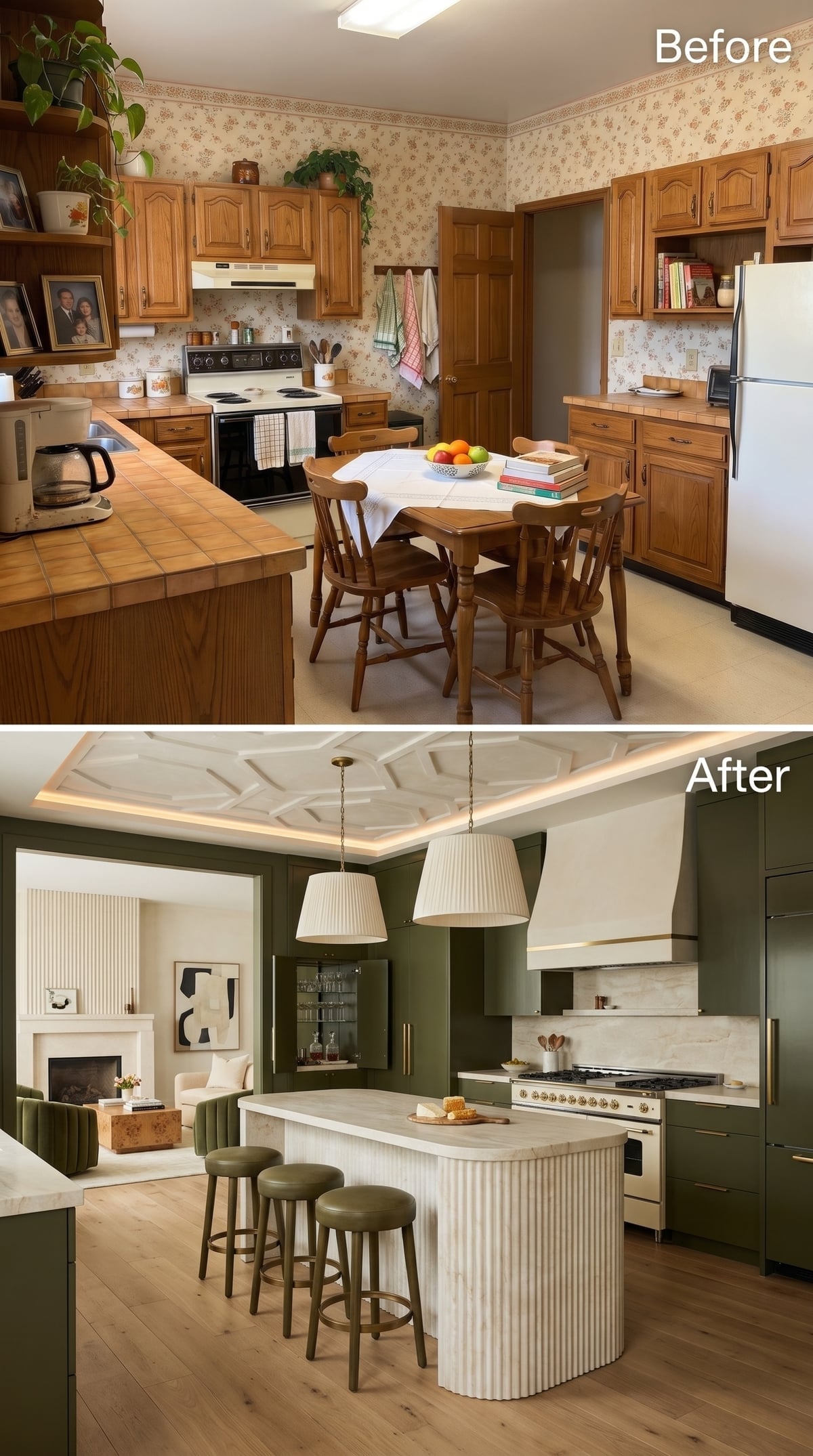 Olive-green kitchen with reeded plaster island, geometric tray ceiling, and integrated cove lighting