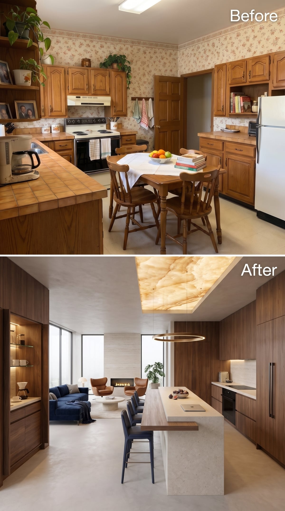 Walnut kitchen with marble island and a dramatic backlit onyx ceiling panel