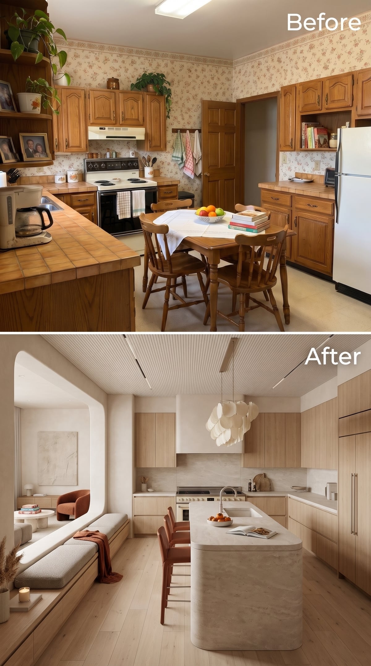 Light oak kitchen with ribbed ceiling, sculptural pendant, and built-in seating in an arched breakfast nook