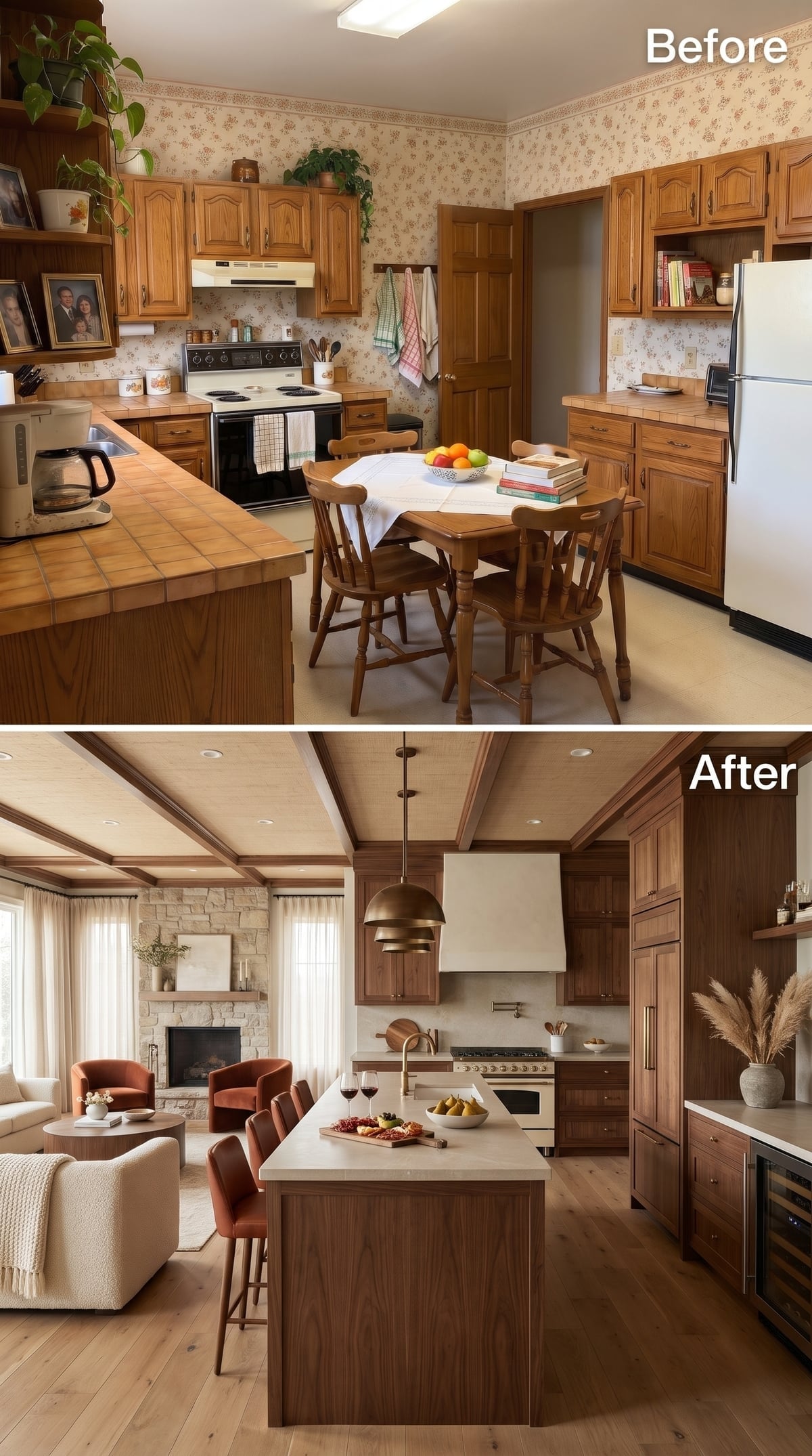 Open walnut kitchen overlooking a living room with a stone fireplace wall and exposed ceiling beams