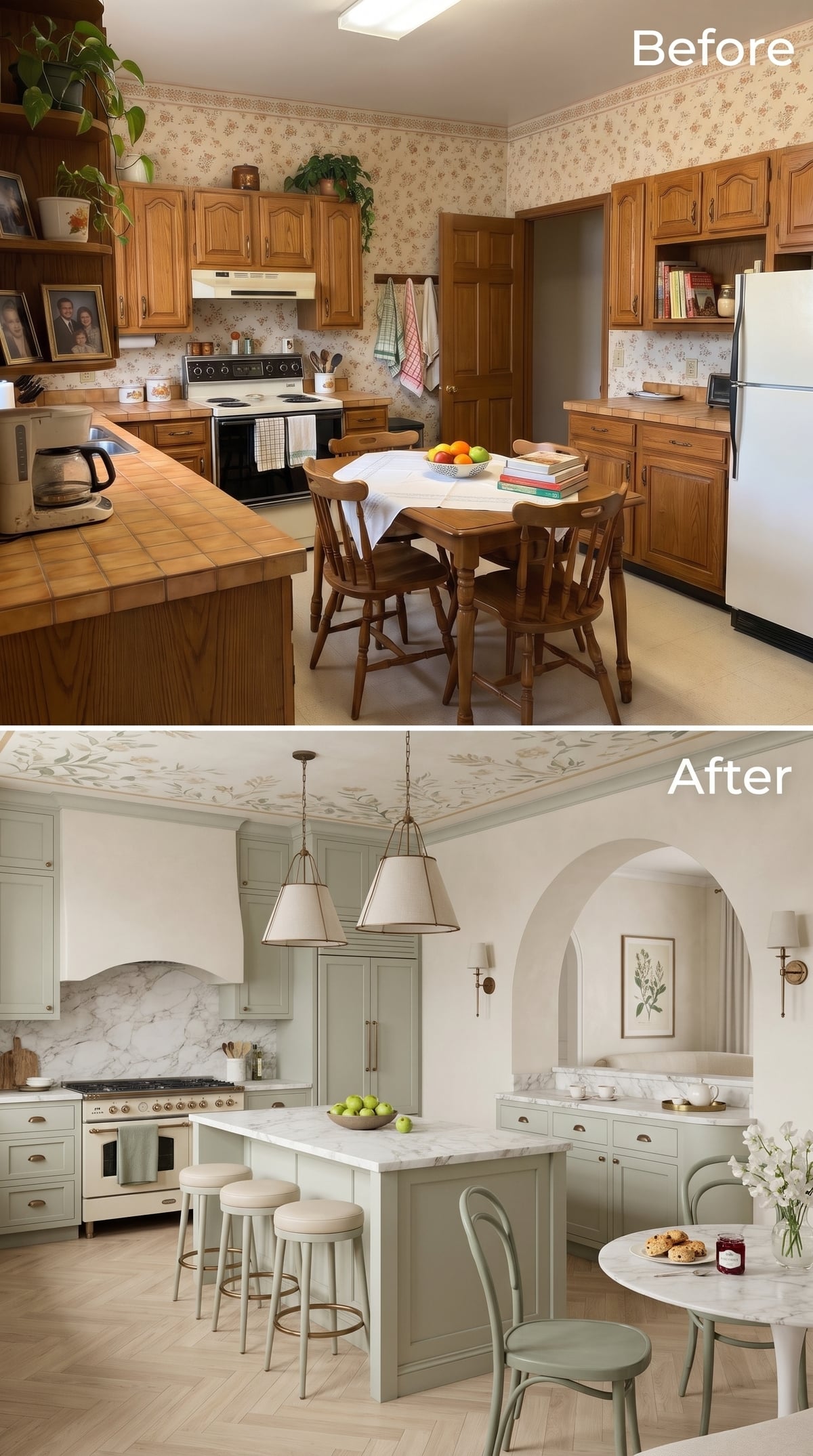 Sage-green kitchen with marble countertops, plaster range hood, fabric pendants, and arched doorway to dining area