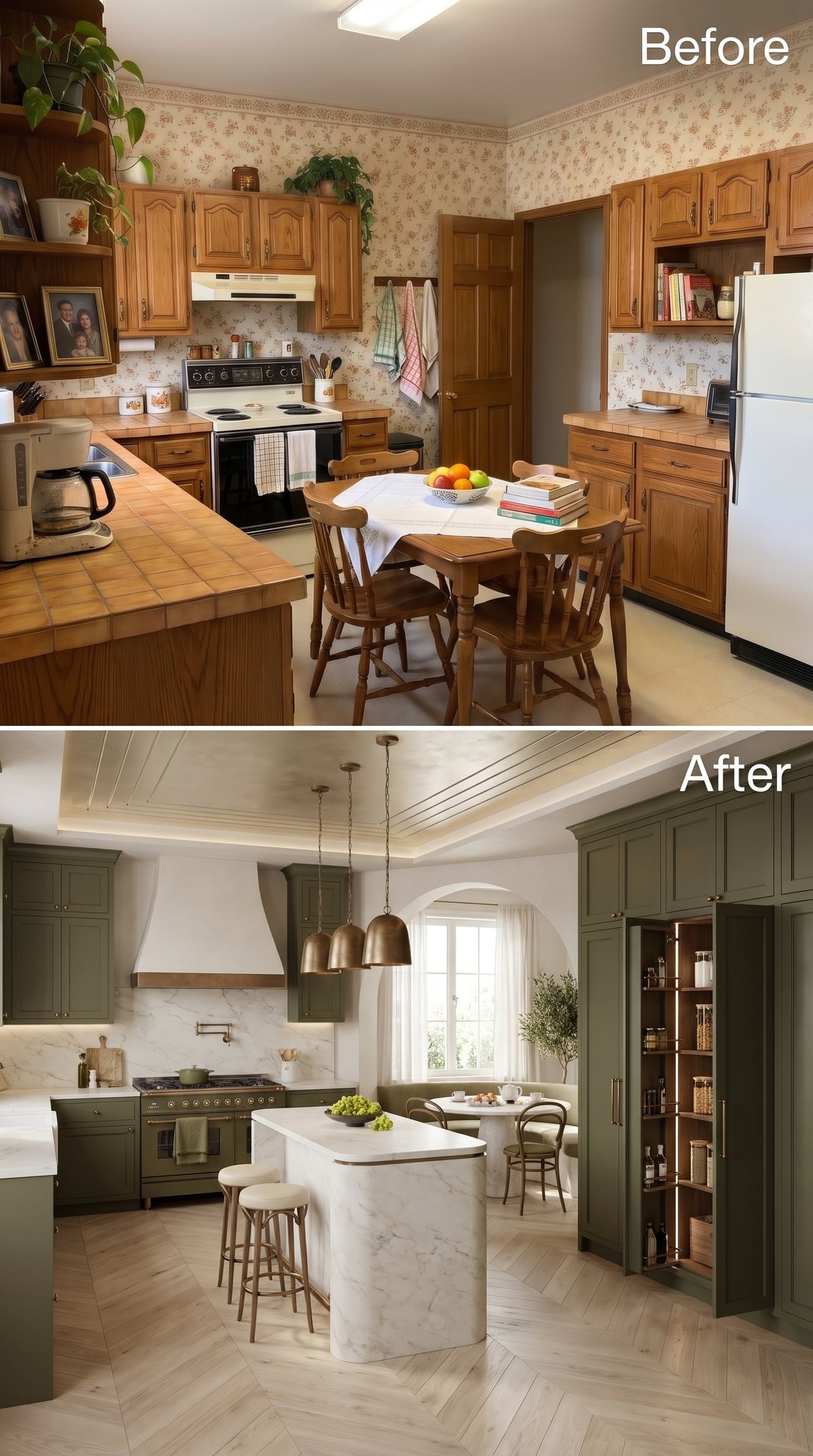 Sage-green shaker kitchen with curved marble waterfall island, brass pendants, and warm herringbone flooring