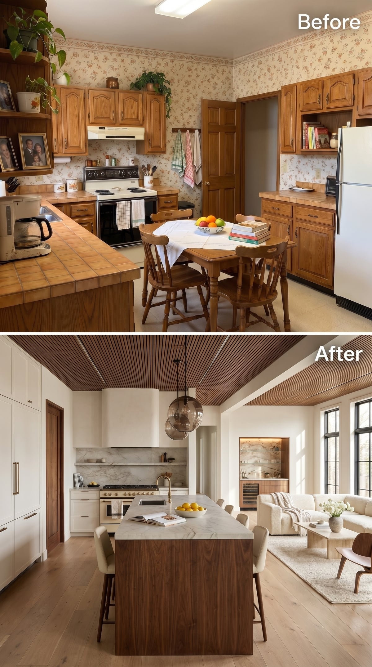 White contemporary kitchen with walnut island base, slatted wood ceiling, and adjoining cream living room