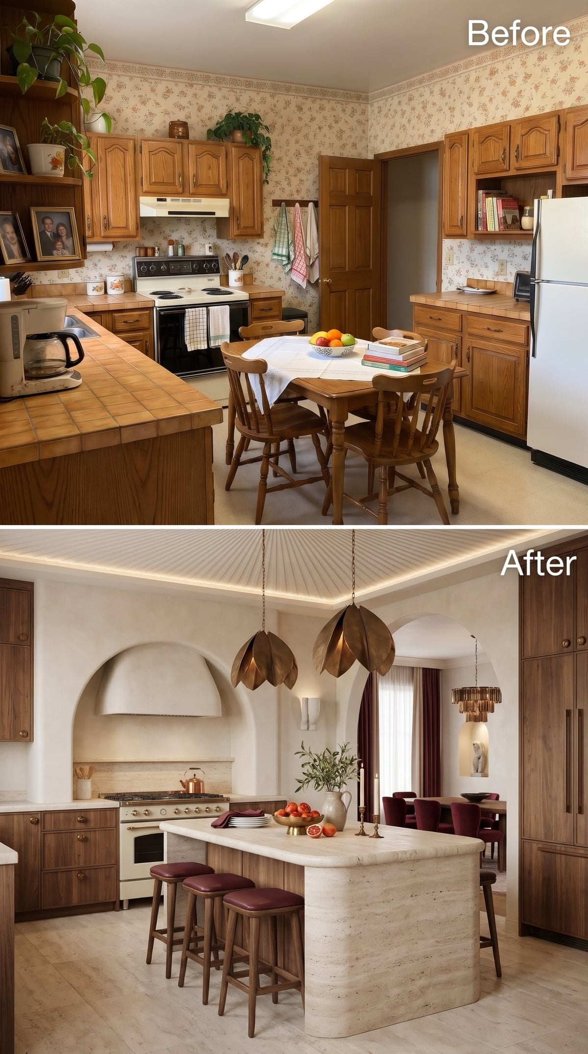 Open kitchen with travertine island, arched range hood, brass petal pendants, and adjoining dining area