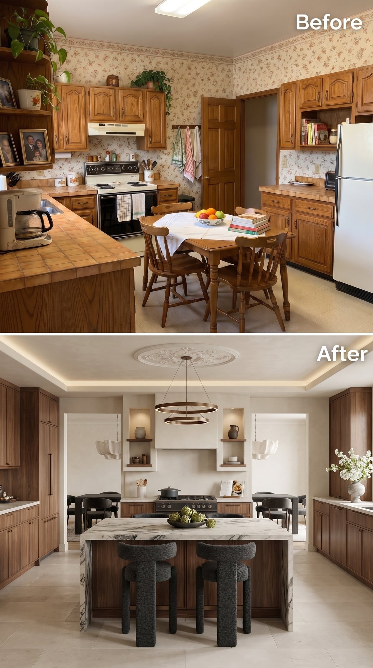 Walnut kitchen with dramatic book-matched marble island, tiered bronze pendant, and illuminated tray ceiling