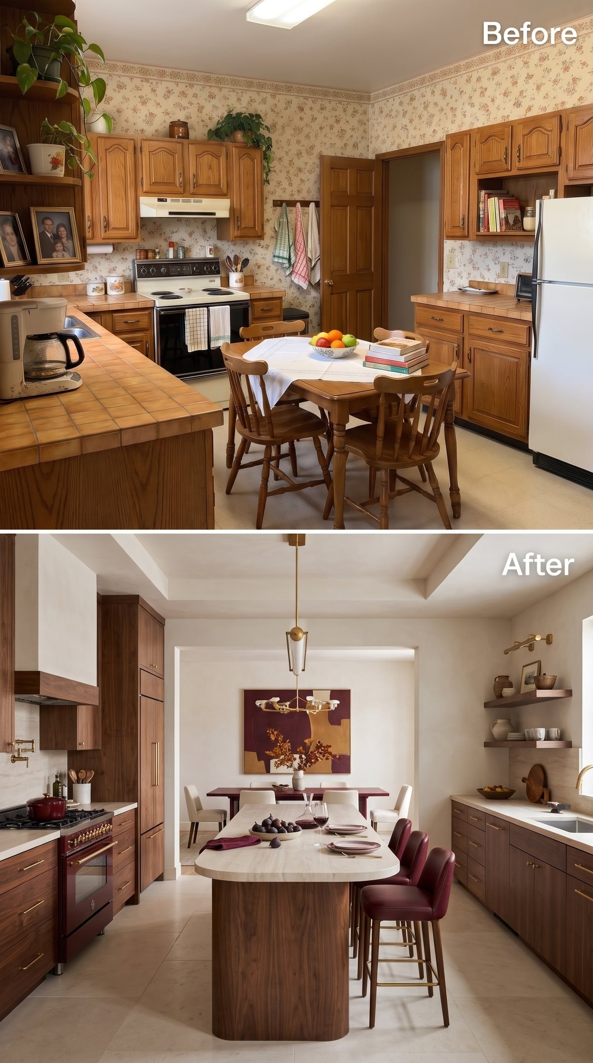 Walnut kitchen with wood pedestal island, burgundy leather counter chairs, and open dining area