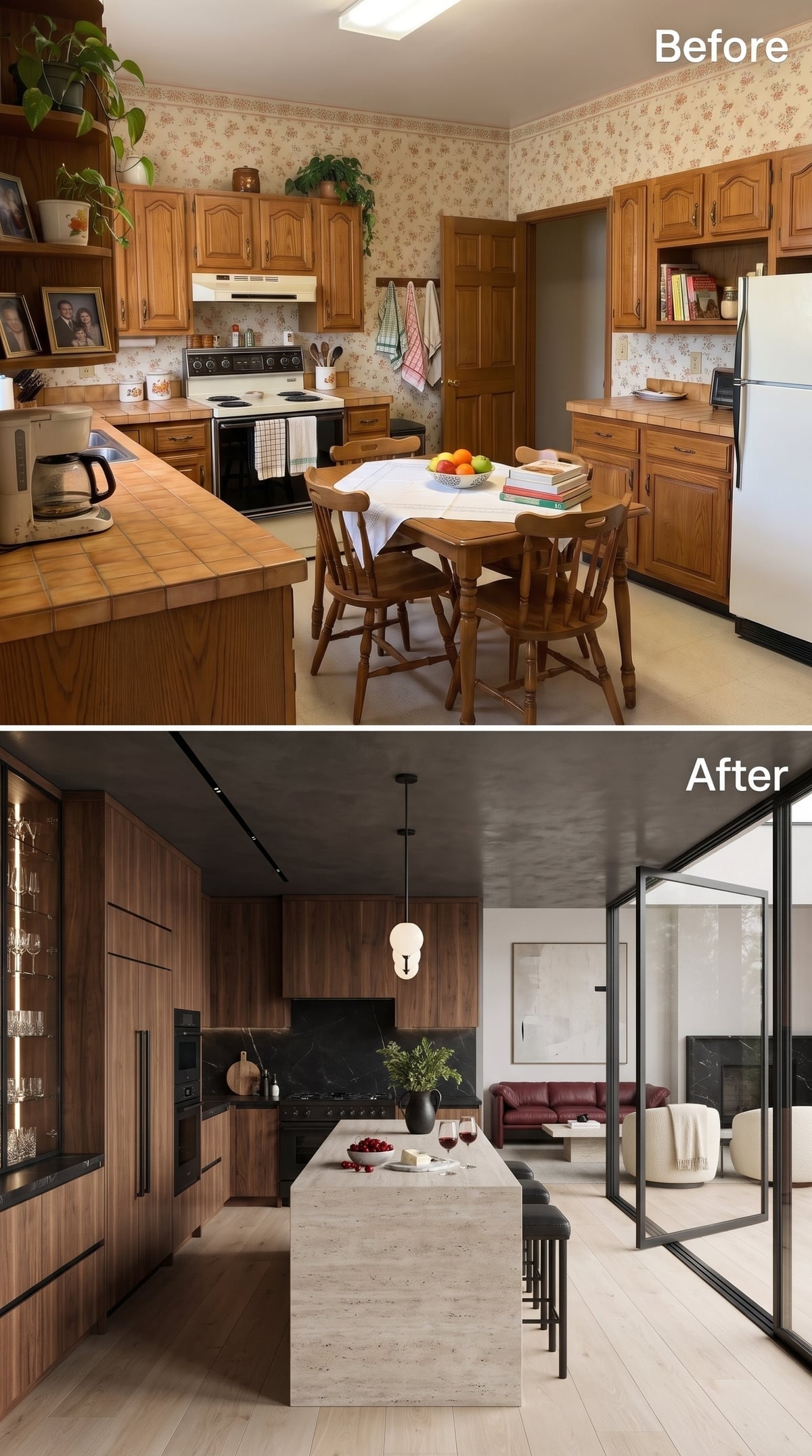 Walnut kitchen with travertine island, black marble backsplash, and steel-framed glass partition overlooking a living room