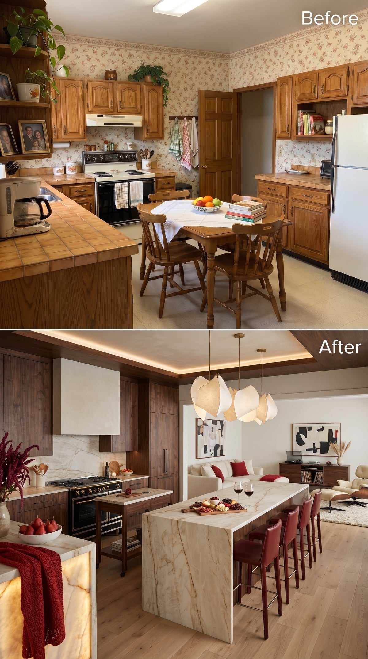 Walnut kitchen with marble waterfall island, burgundy leather stools, petal pendants, and illuminated tray ceiling