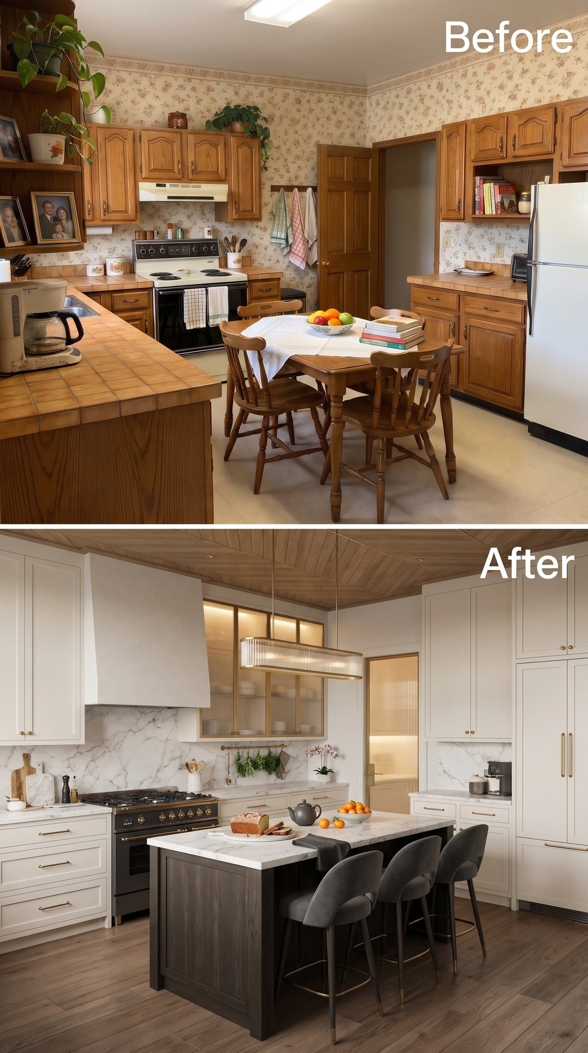 White shaker kitchen with espresso island, reeded glass cabinets, brushed gold hardware, and wood ceiling