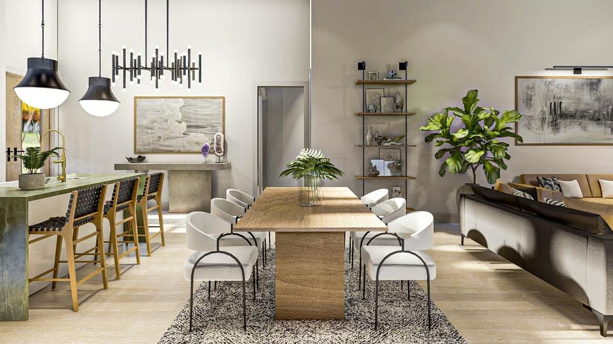 Travertine Table, Fiddle Leaf Fig, and a Kitchen Island That Earns Its Green