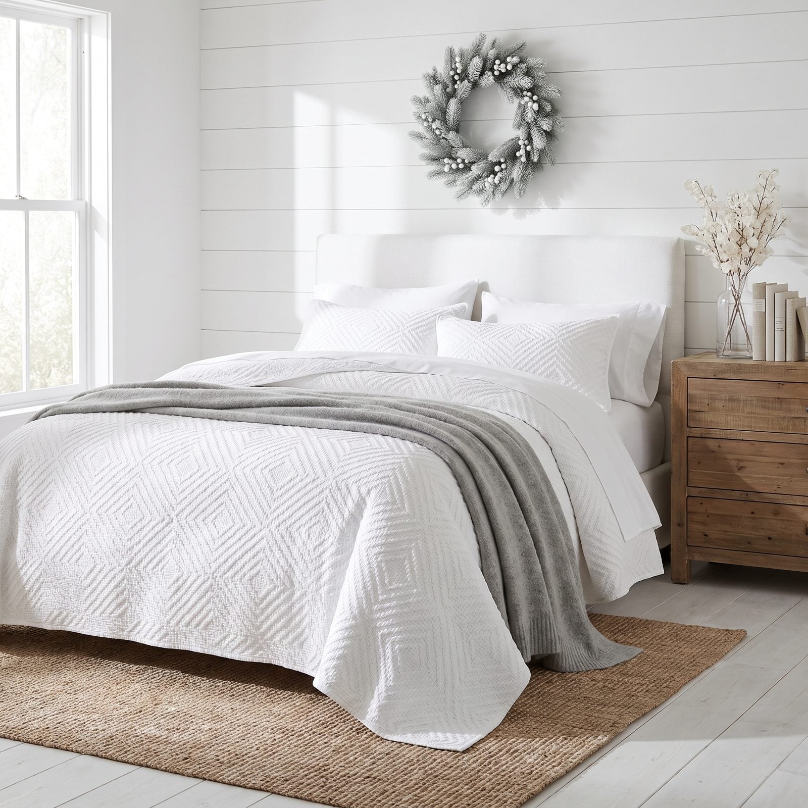 A White Bedroom Given Depth with Matelassé Bedding