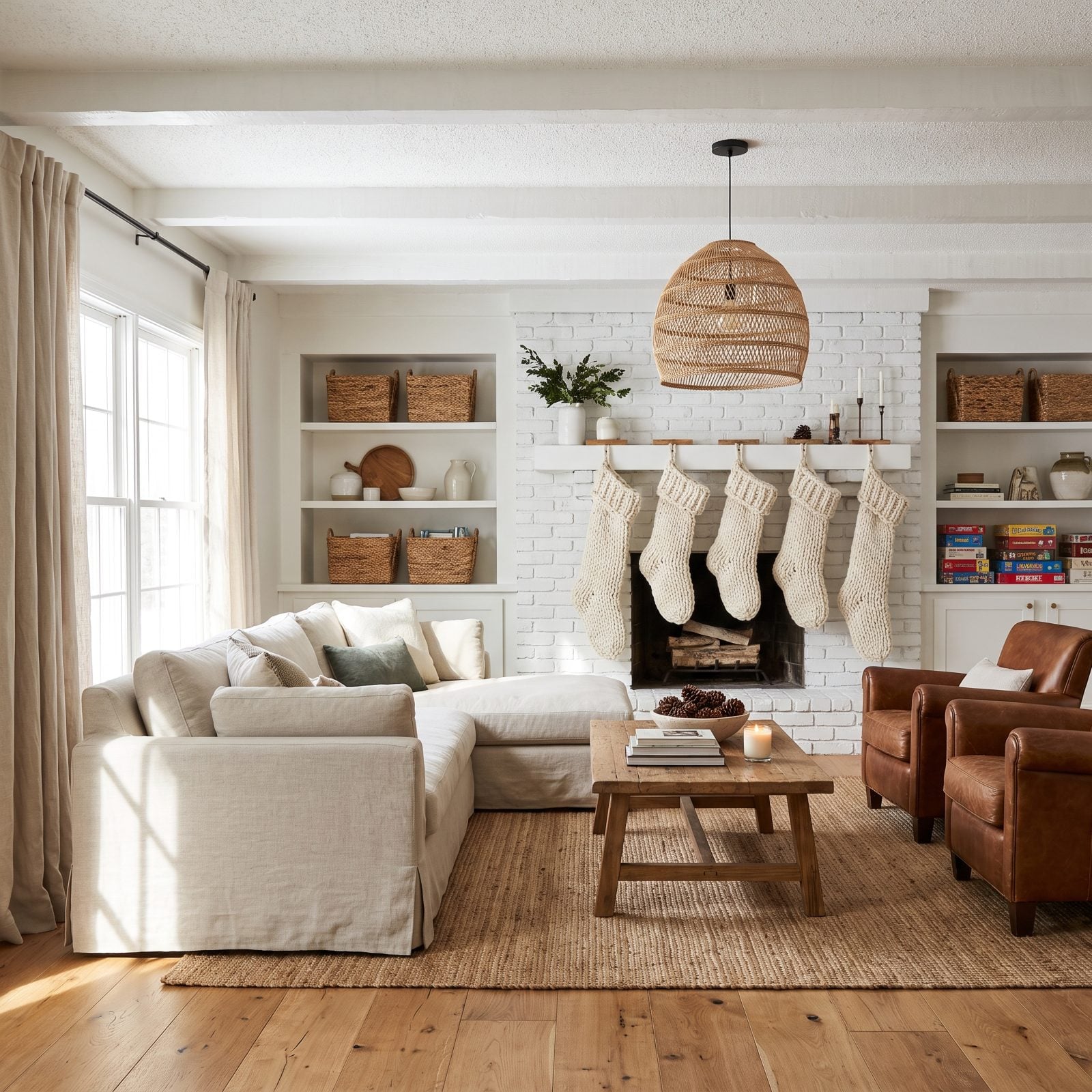 A White Brick Family Room with Oversized Knit Stockings