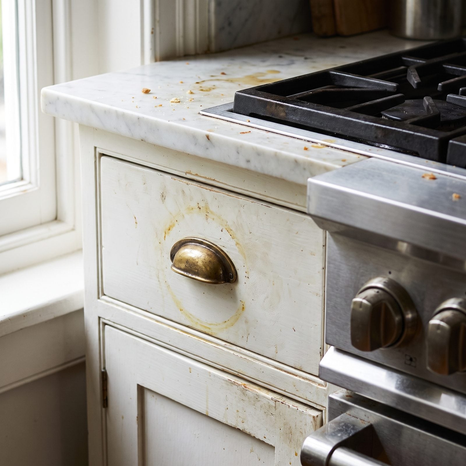 White Cabinetry Showing Grease Around Every Pull