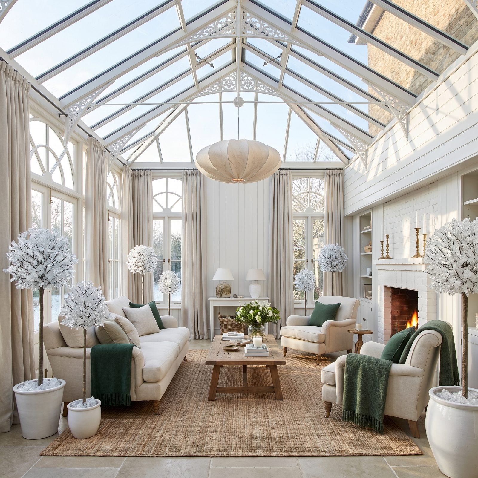 A White Conservatory Decorated With Frosted Topiary Trees