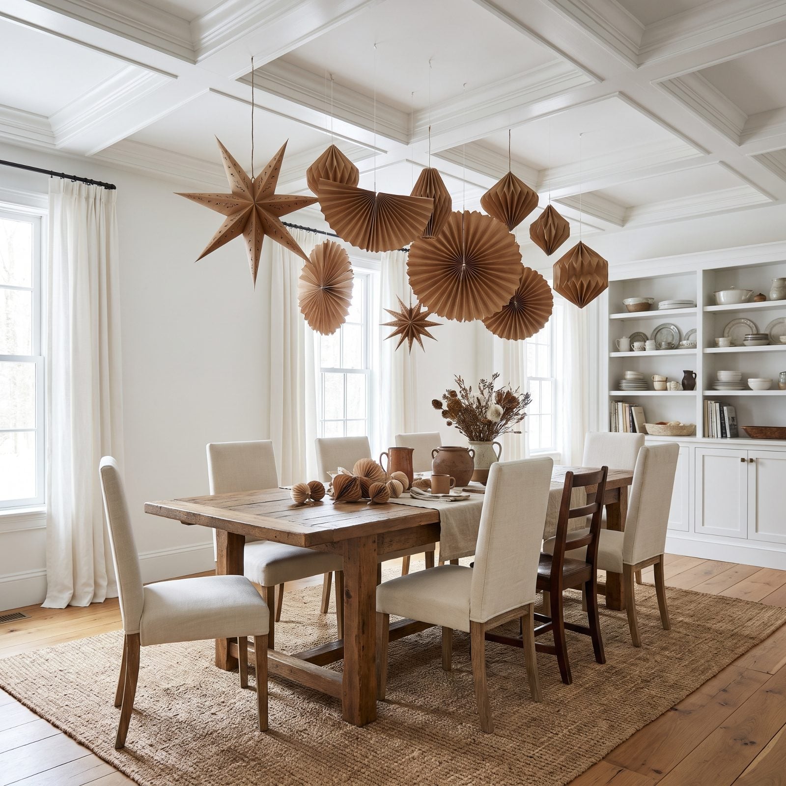 A White Dining Room With Sculptural Brown-Paper Ornaments