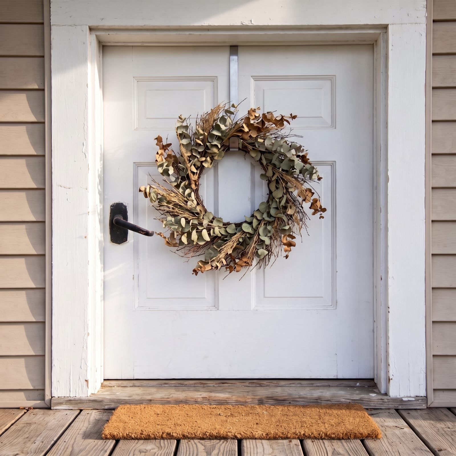 White front door with a round eucalyptus wreath hung centered on the upper panel and a woven doormat below.
