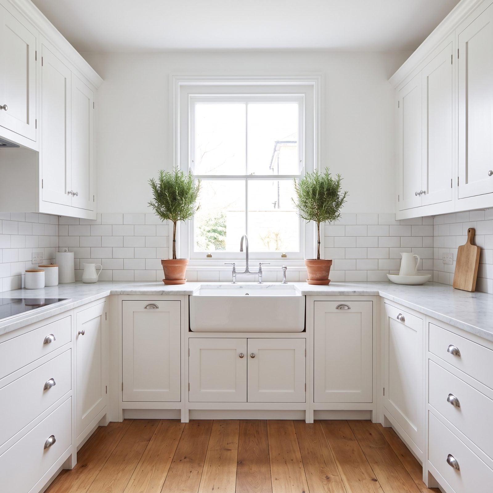 A White Kitchen With Rosemary Topiaries at the Sink