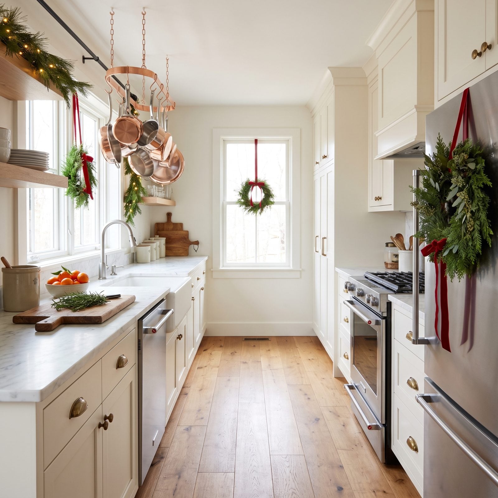 A White Kitchen Warmed by Copper Pans and Cedar Wreaths