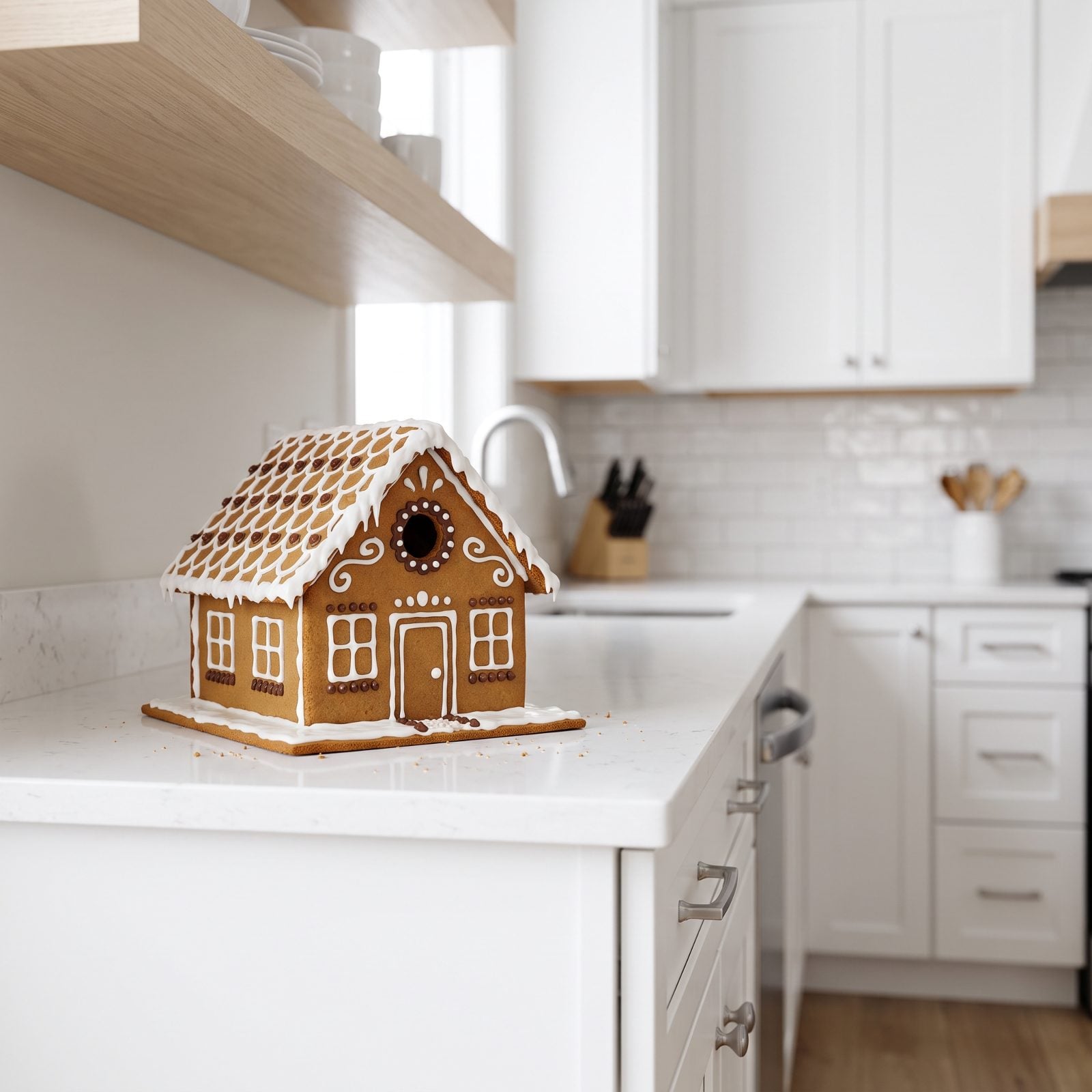 A White Kitchen Where Gingerbread Is the Only Warm Color