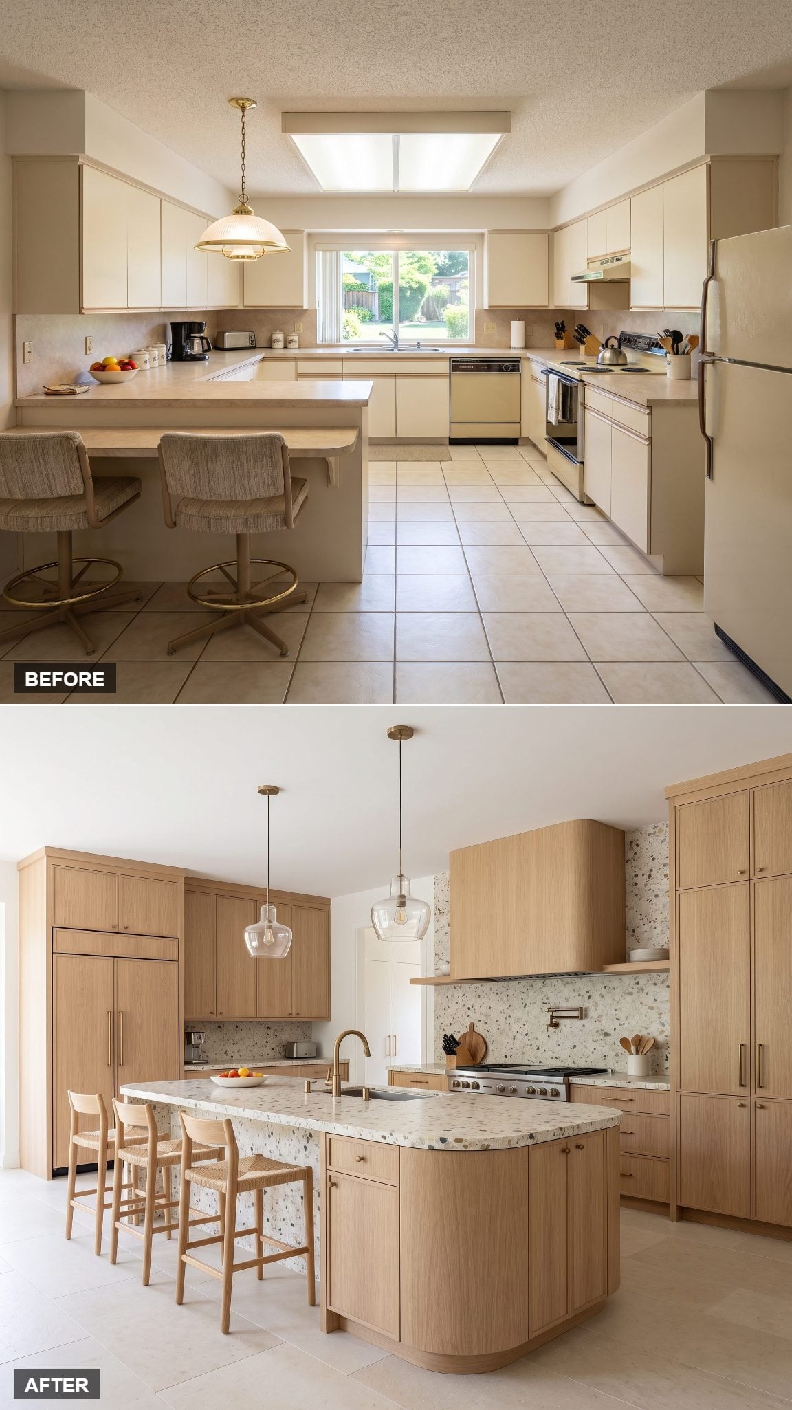 White oak kitchen with a sculptural terrazzo island