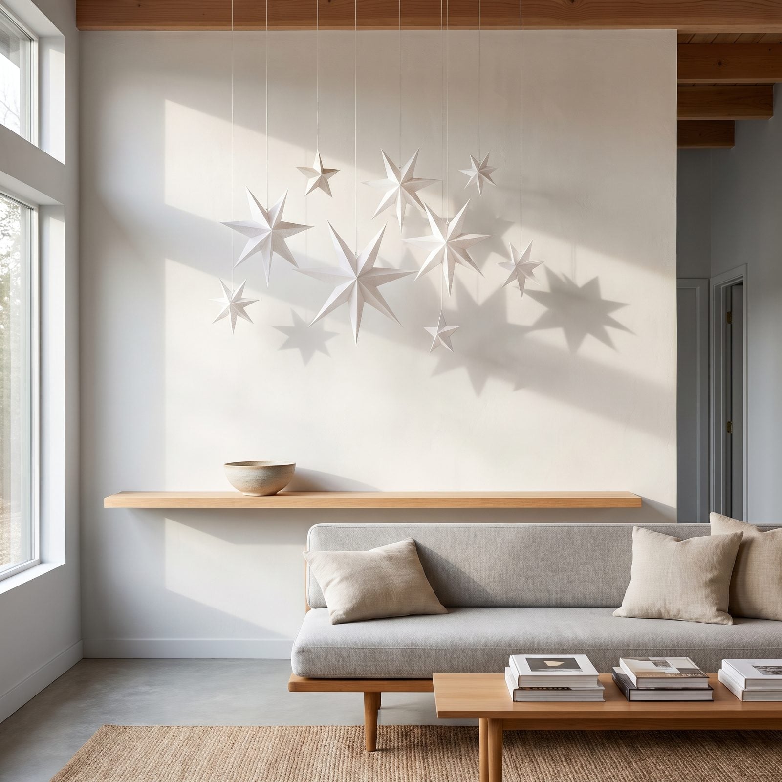 White Paper Stars Hung Against White Walls