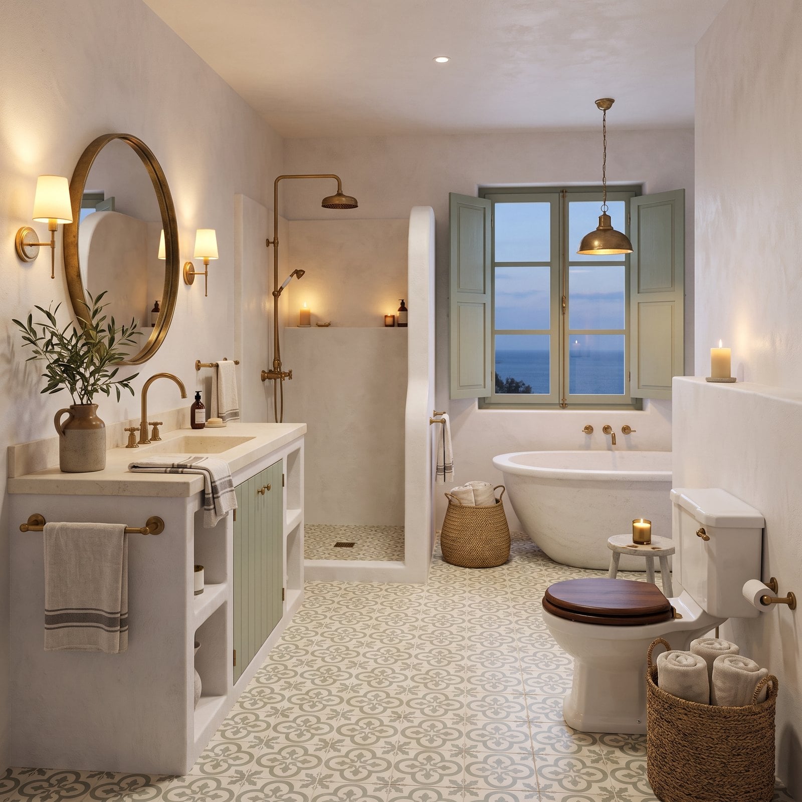 Whitewashed Mediterranean Walls With Sage Shutters and Brass