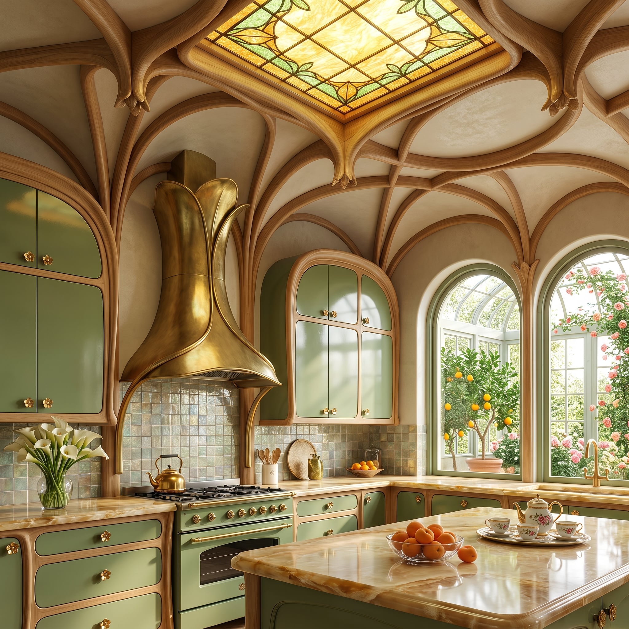 Art Nouveau Ceiling Ribs, a Brass Tulip Hood, and Stained Glass That Earns the Room