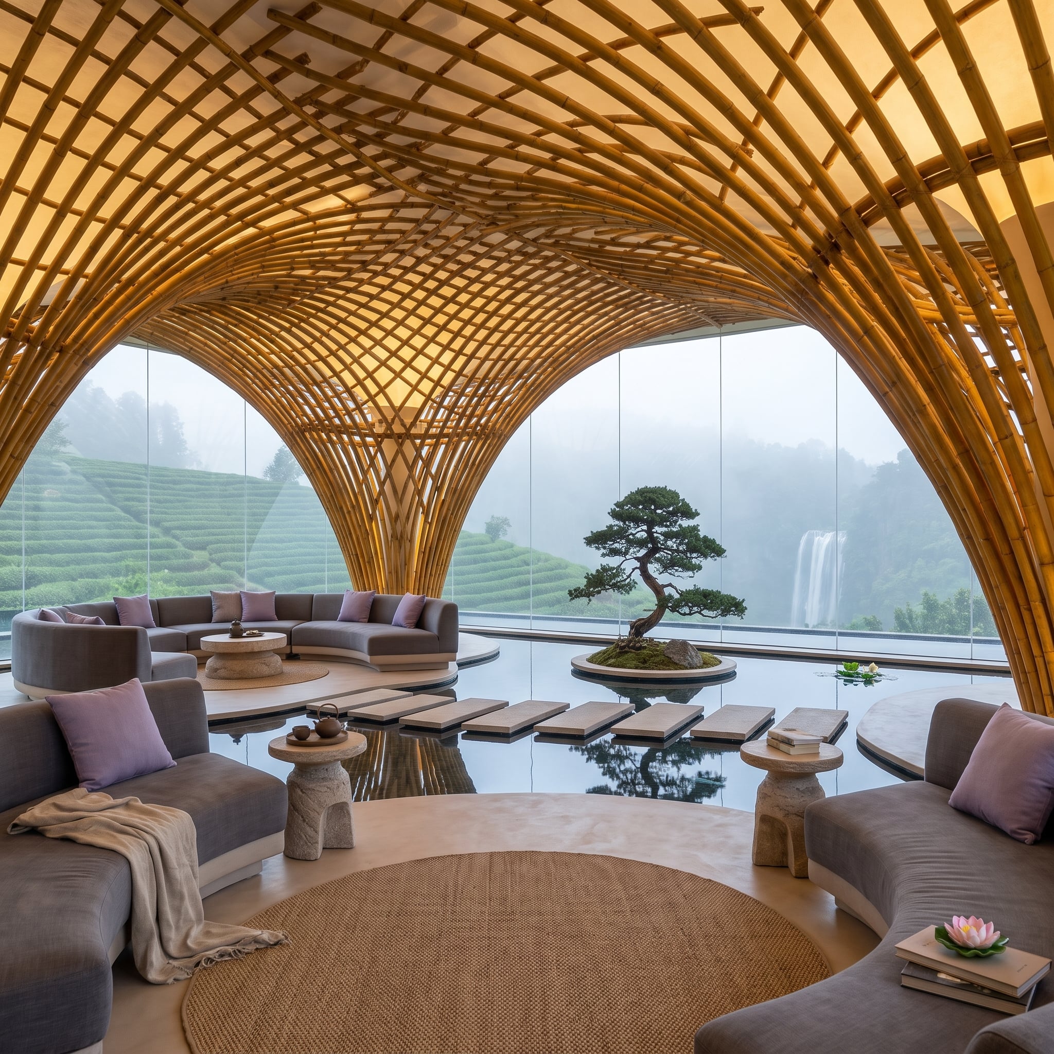 Bamboo Vaulted Ceiling, Bonsai on Water, and a View That Earns Every Square Foot