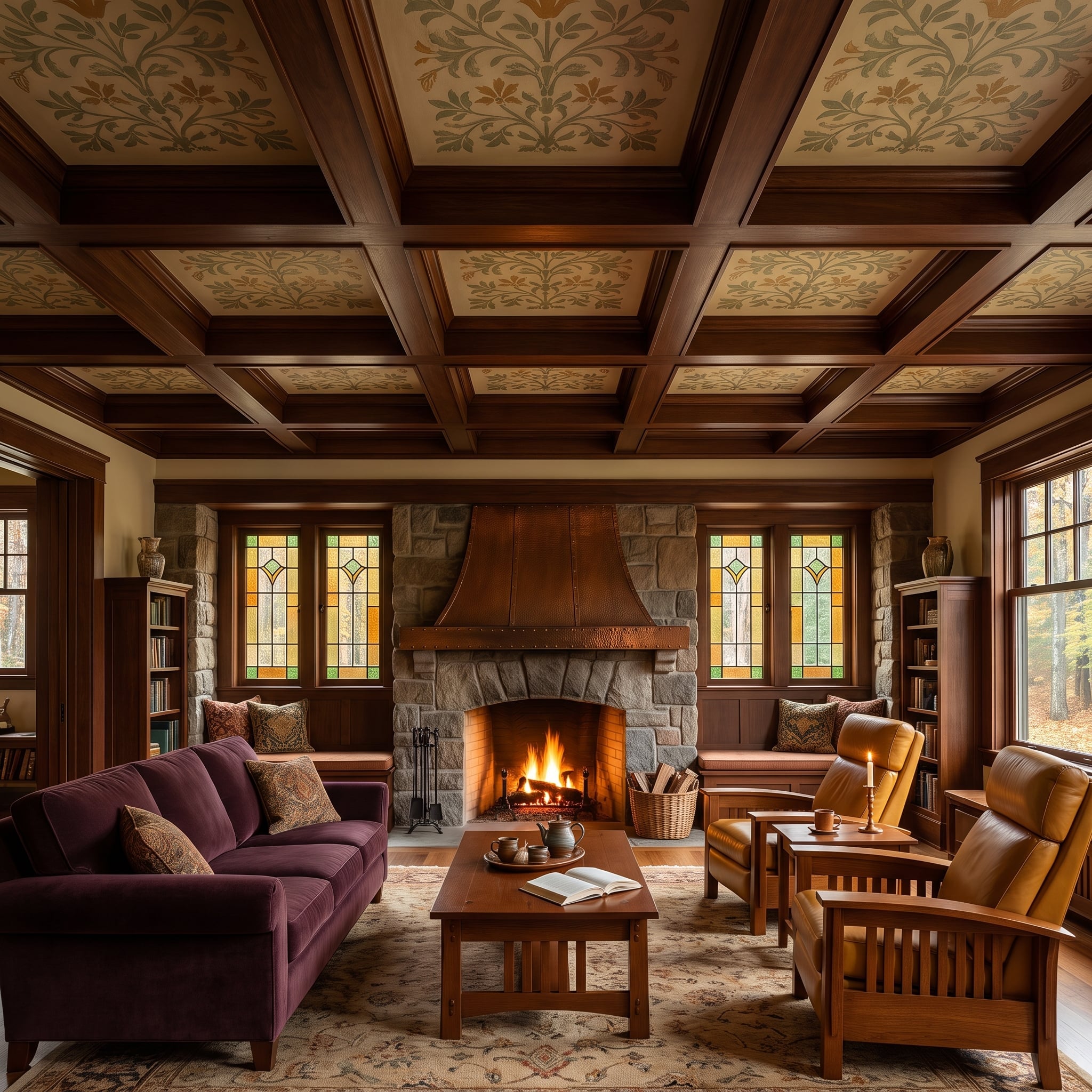Coffered Walnut Overhead, a Copper Hood, and Stained Glass That Refuses to Be Background