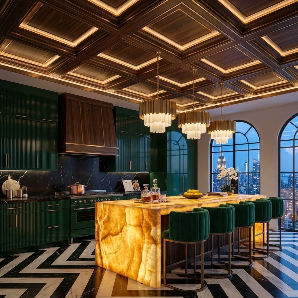Dark Walnut Coffered Grid, Backlit Onyx Island, and Green Cabinets Earning Their Place