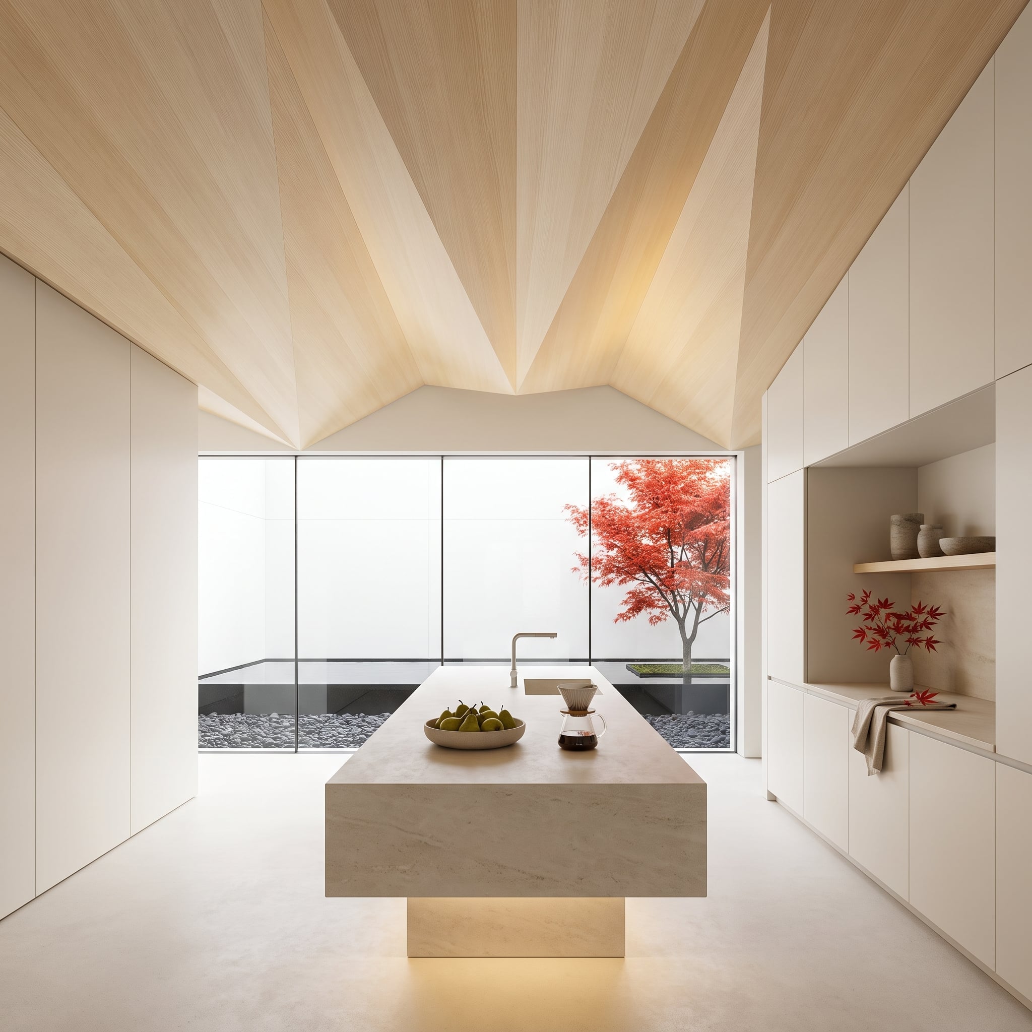Folded Wood Ceiling, Japanese Maple Outside, and a Kitchen That Knows Exactly What It's Doing