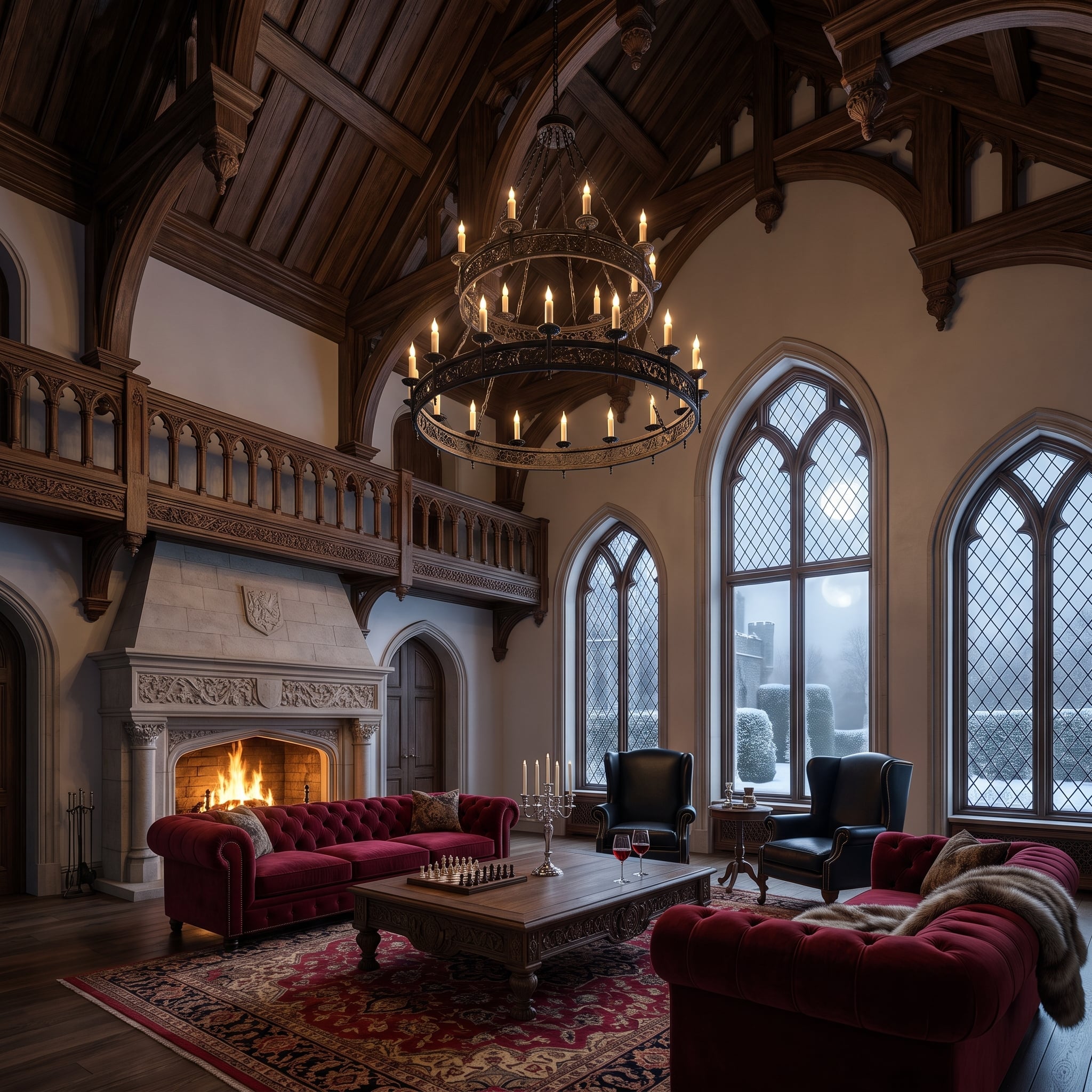 Gothic Hammer Beams, Crimson Chesterfields, and a Fireplace That Commands the Room