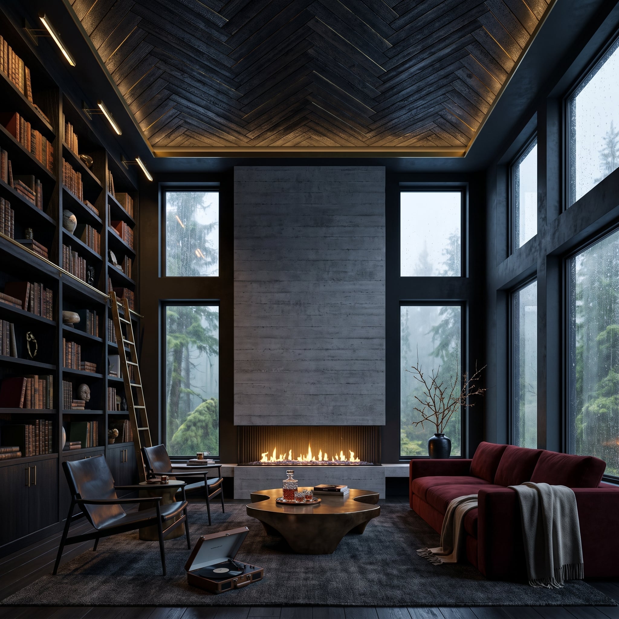 Herringbone Overhead, a Concrete Fireplace Wall, and Crimson Velvet Doing All the Right Work