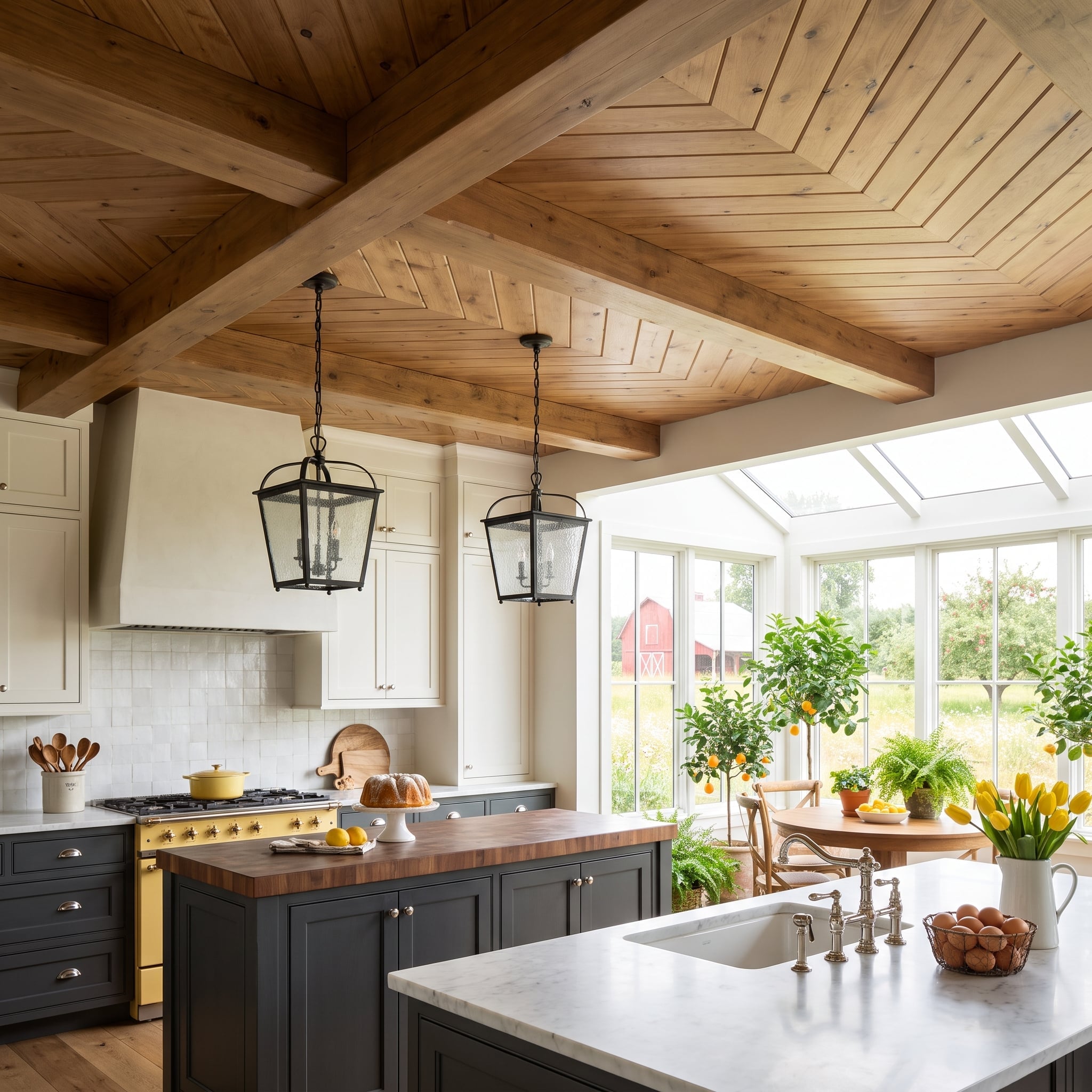 Knotty Wood Chevrons on the Ceiling, a Yellow Range, and a Farm View That Earns Its Keep